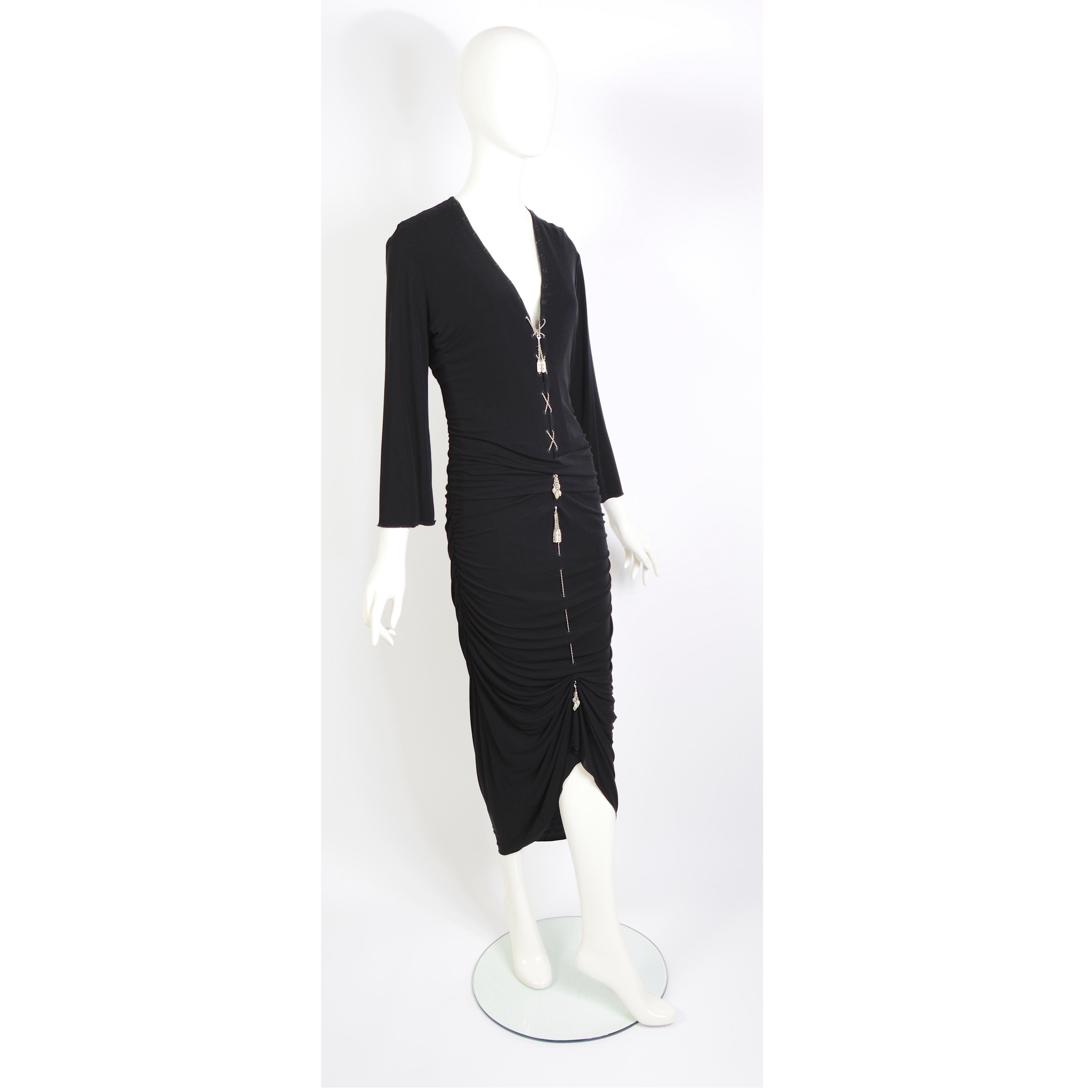 Jean Paul Gaultier 1990s vintage metal chain lace-up black draped jersey dress For Sale 6