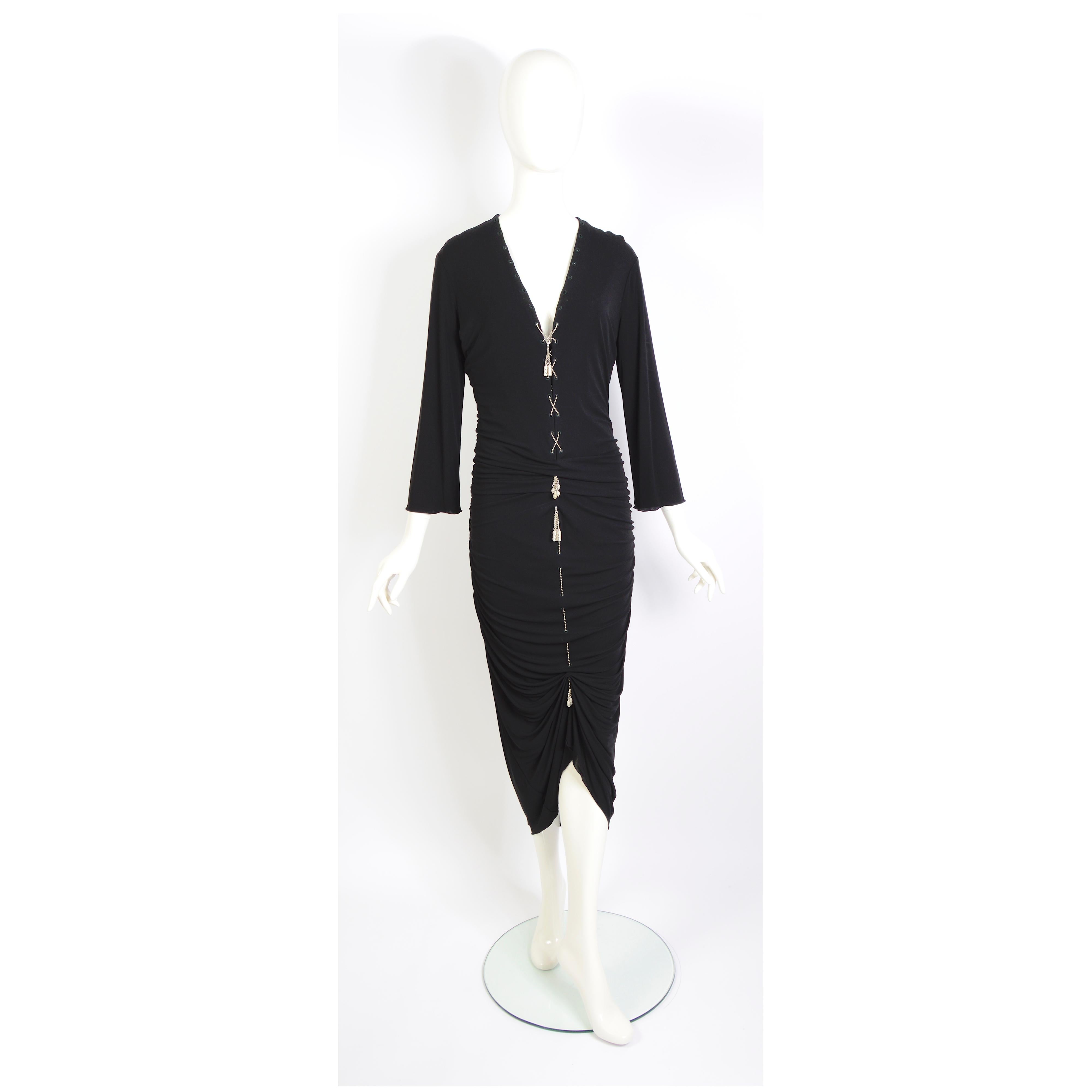 Jean Paul Gaultier 1990s vintage metal chain lace-up black draped jersey dress For Sale 7