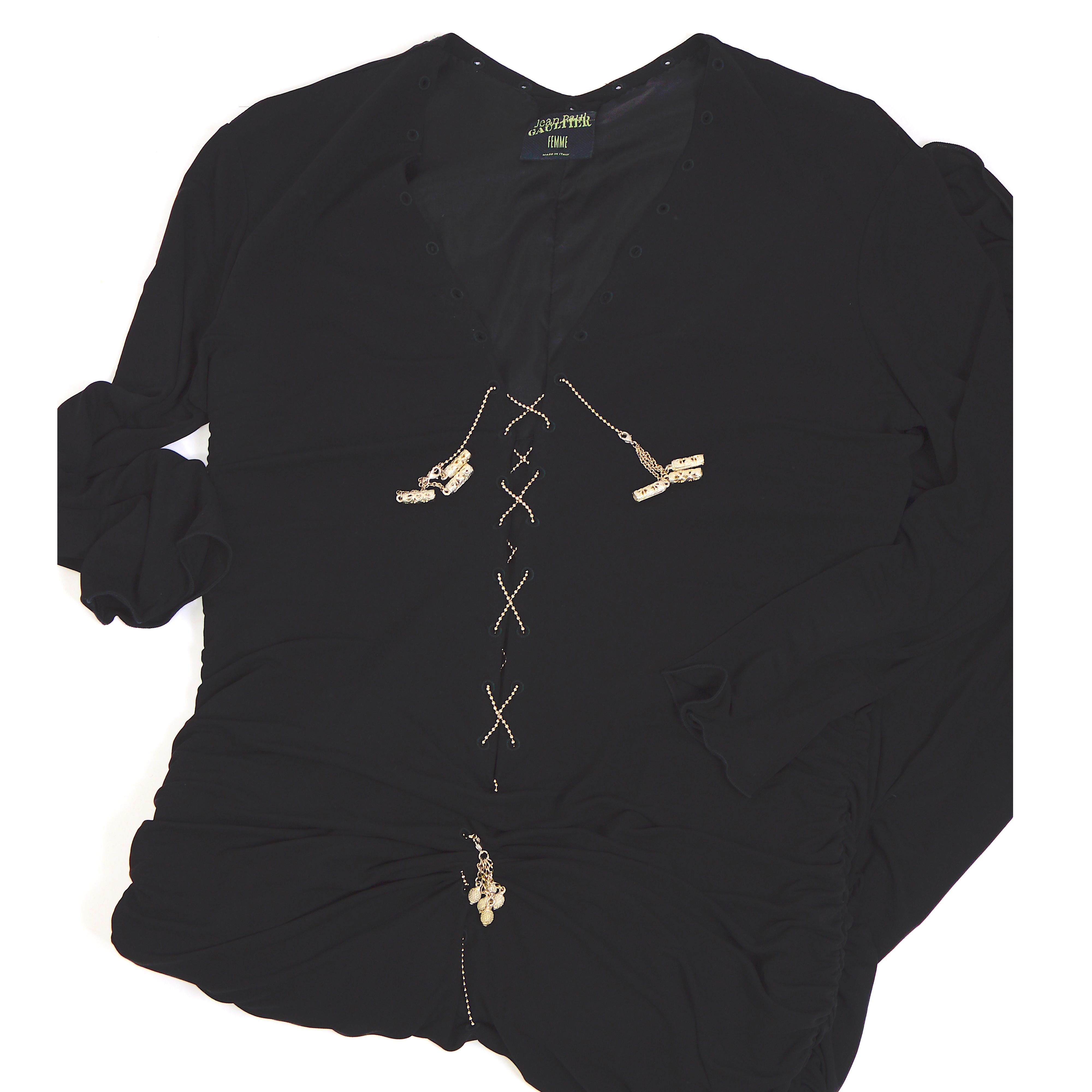 Jean Paul Gaultier 1990s vintage metal chain lace-up black draped jersey dress For Sale 8