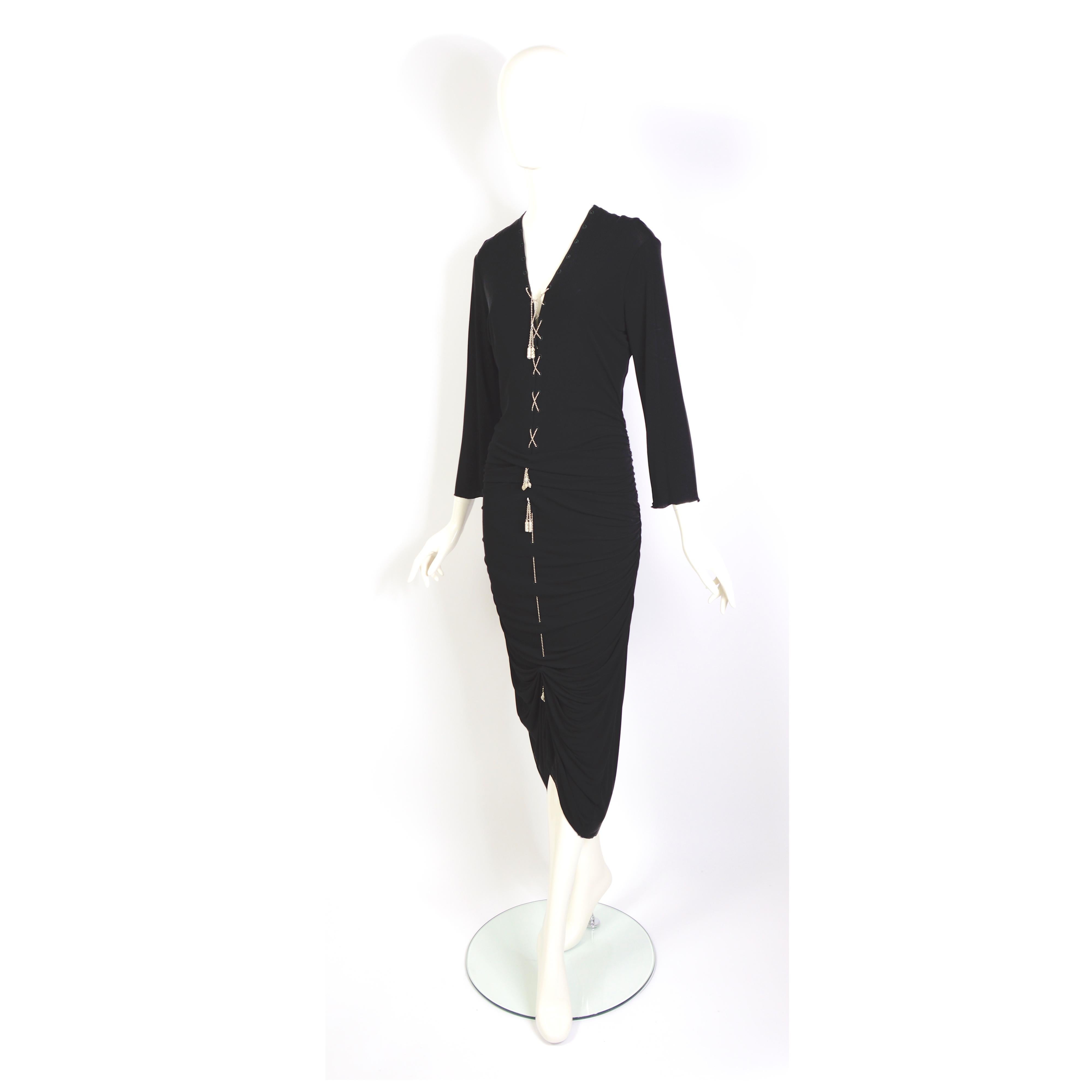 Black Jean Paul Gaultier 1990s vintage metal chain lace-up black draped jersey dress For Sale