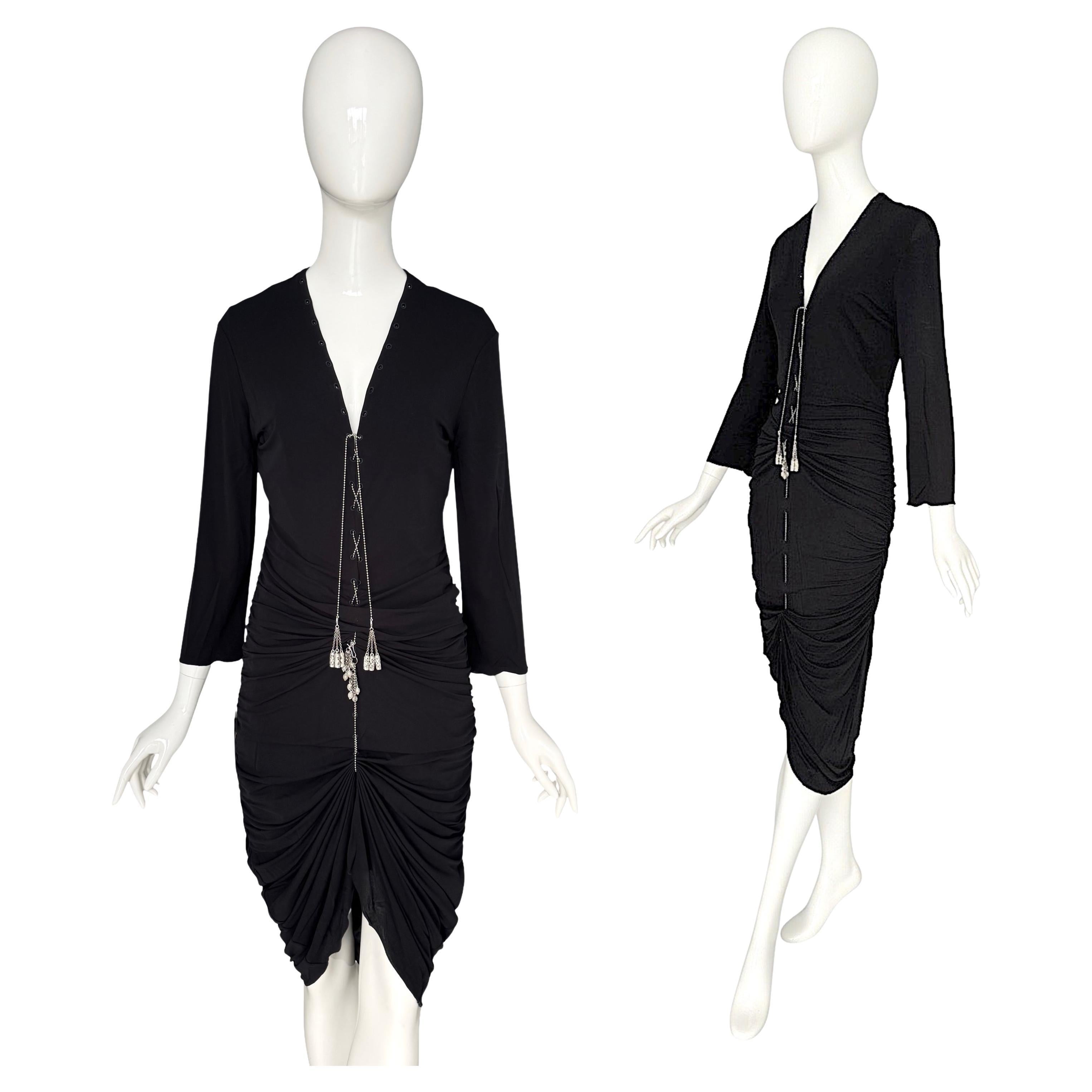 Jean Paul Gaultier 1990s vintage metal chain lace-up black draped jersey dress in vendita