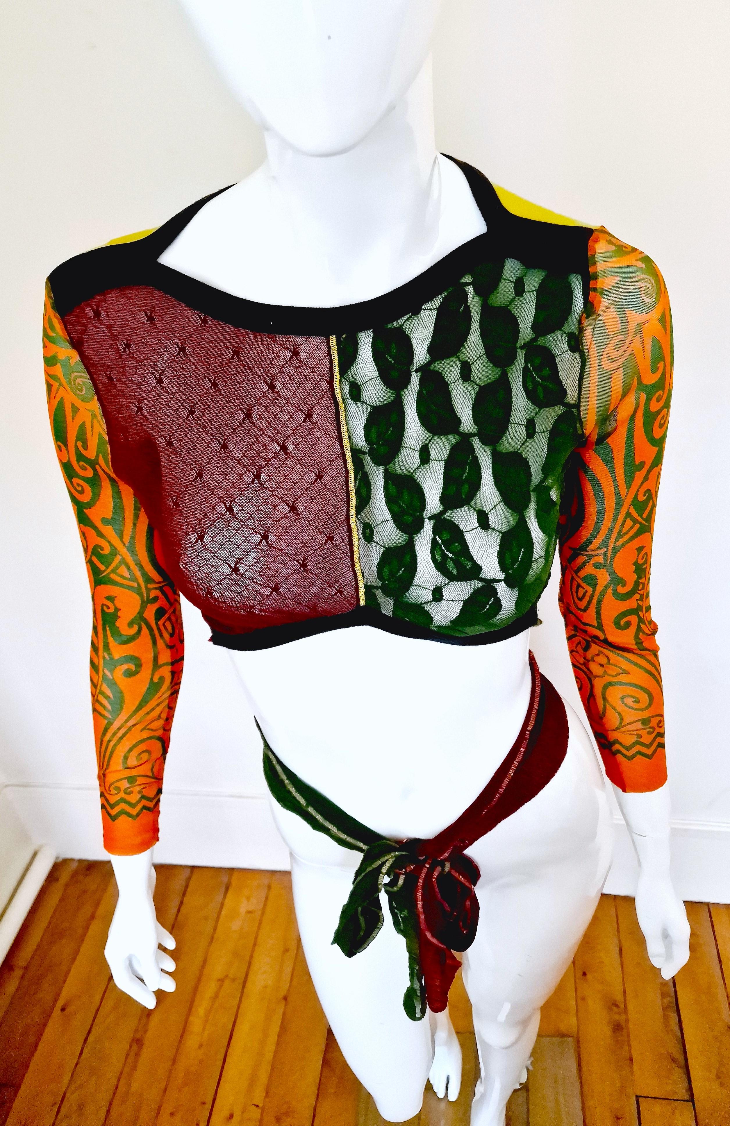 Jean Paul Gaultier 1996 S/S Runway Tattoo Lace Optical Illusion Wrap T-shit Top For Sale 2