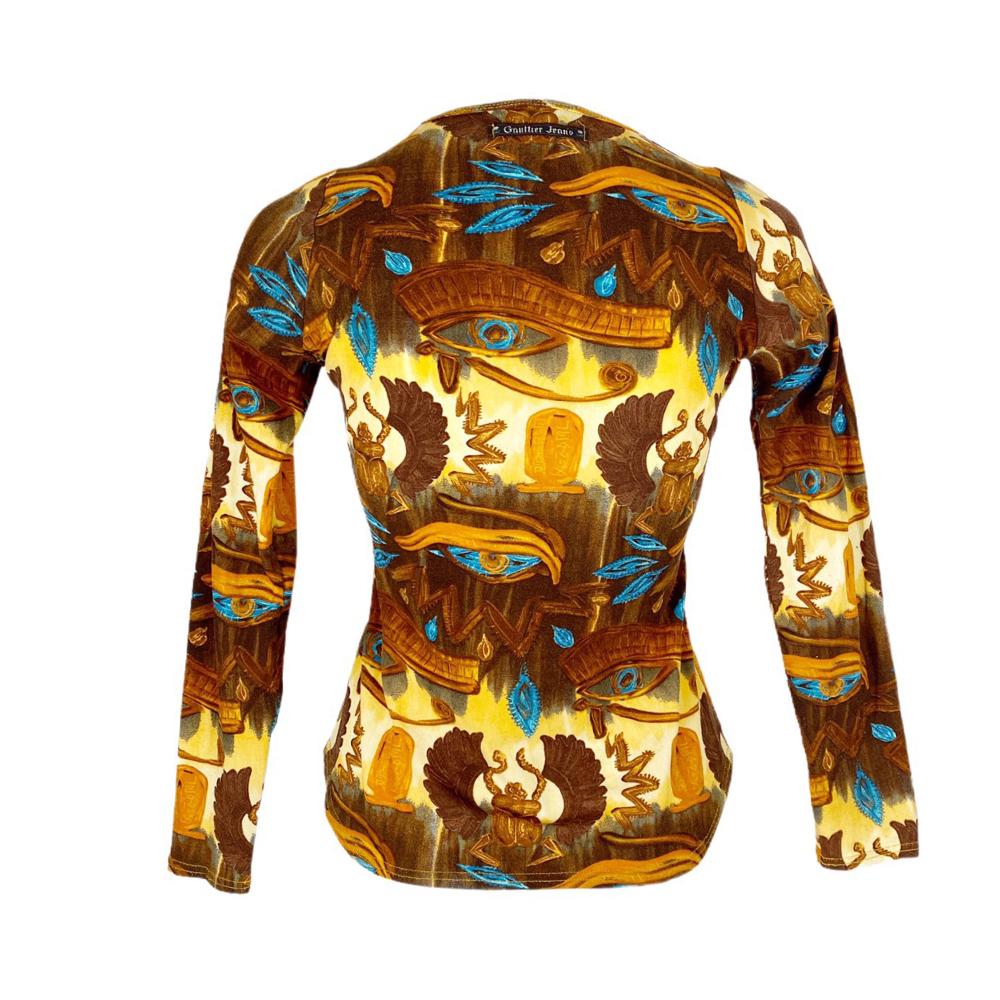 Jean Paul Gaultier 1997 Top de malla egipcia estampado con el ojo de Horus y el escarabajo Marrón en venta