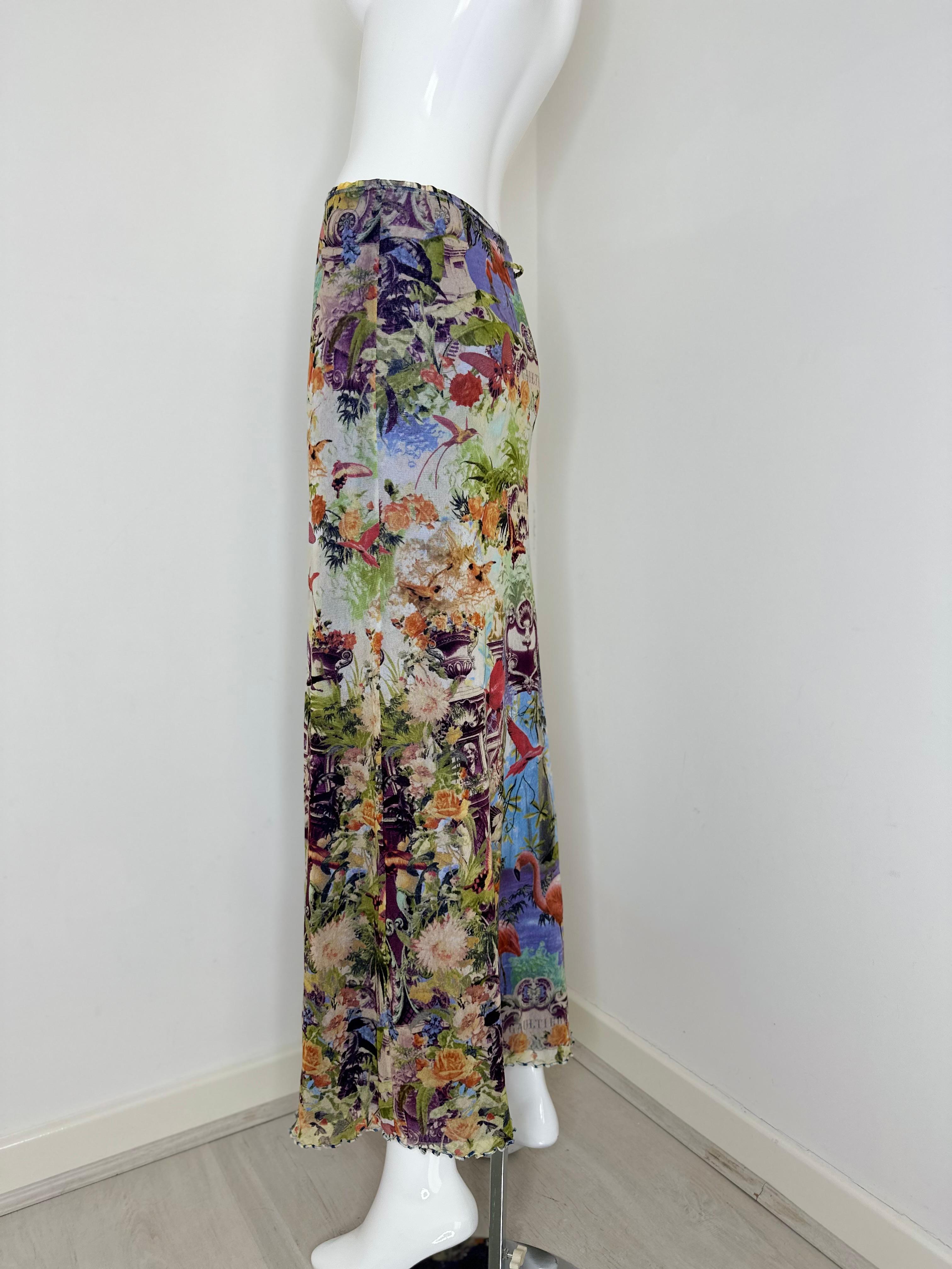 Jean Paul Gaultier 1999 mesh maxi skirt with flamingo tropical print 
Size XL will for S and M as well 
Stretchy fabric 
Great vintage condition, no rips or stains 