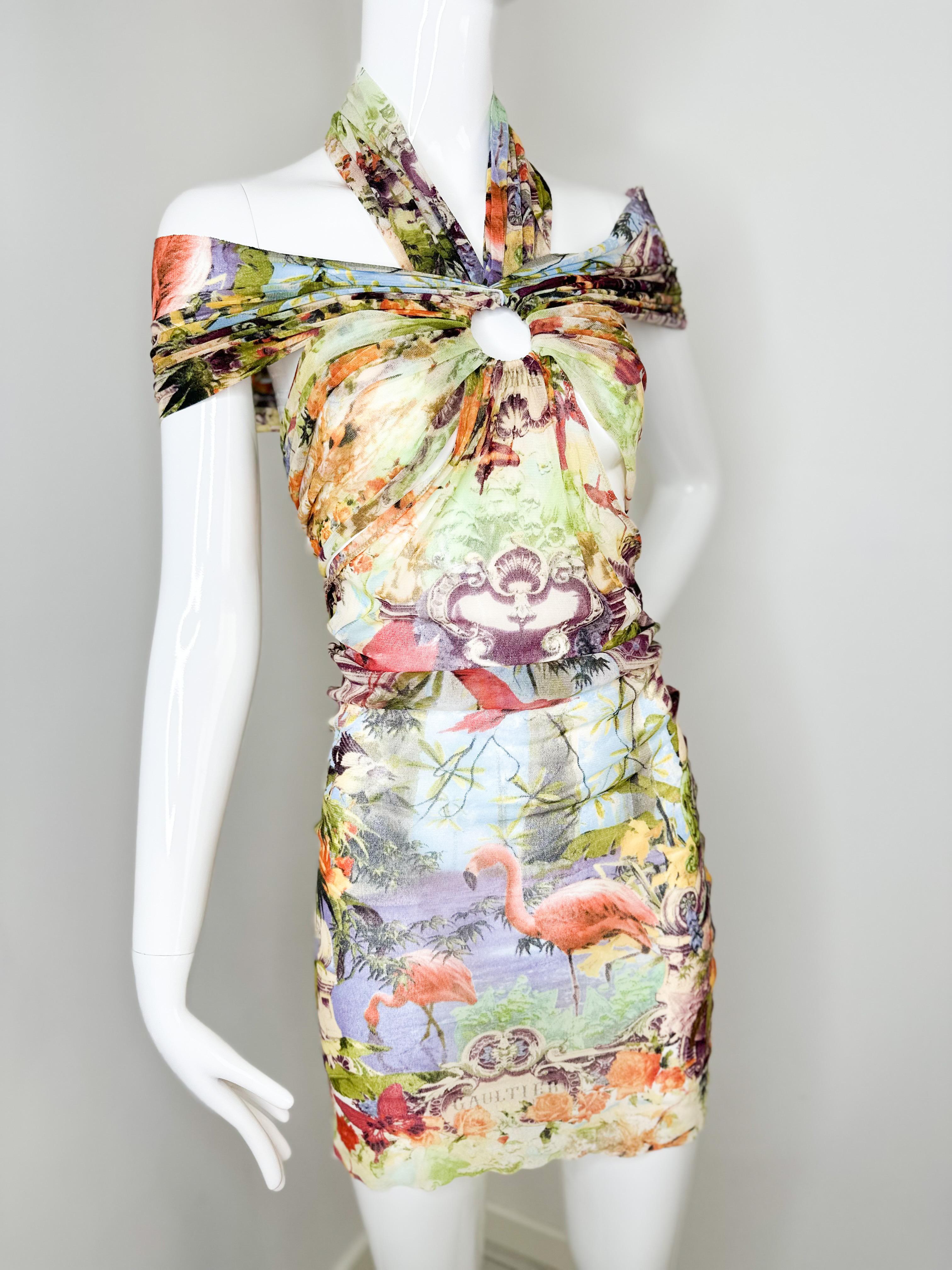 Jean Paul Gaultier 1999 flamingo mesh multiway mini dress Highly collectible  
Size XL can fit S or M due to the mesh stretchy fabric   
Excellent vintage condition