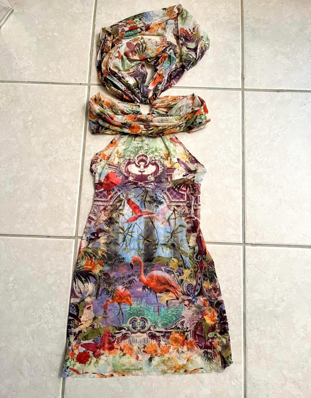 Jean Paul Gaultier 1999 flamingo print tropical mesh dress For Sale 2