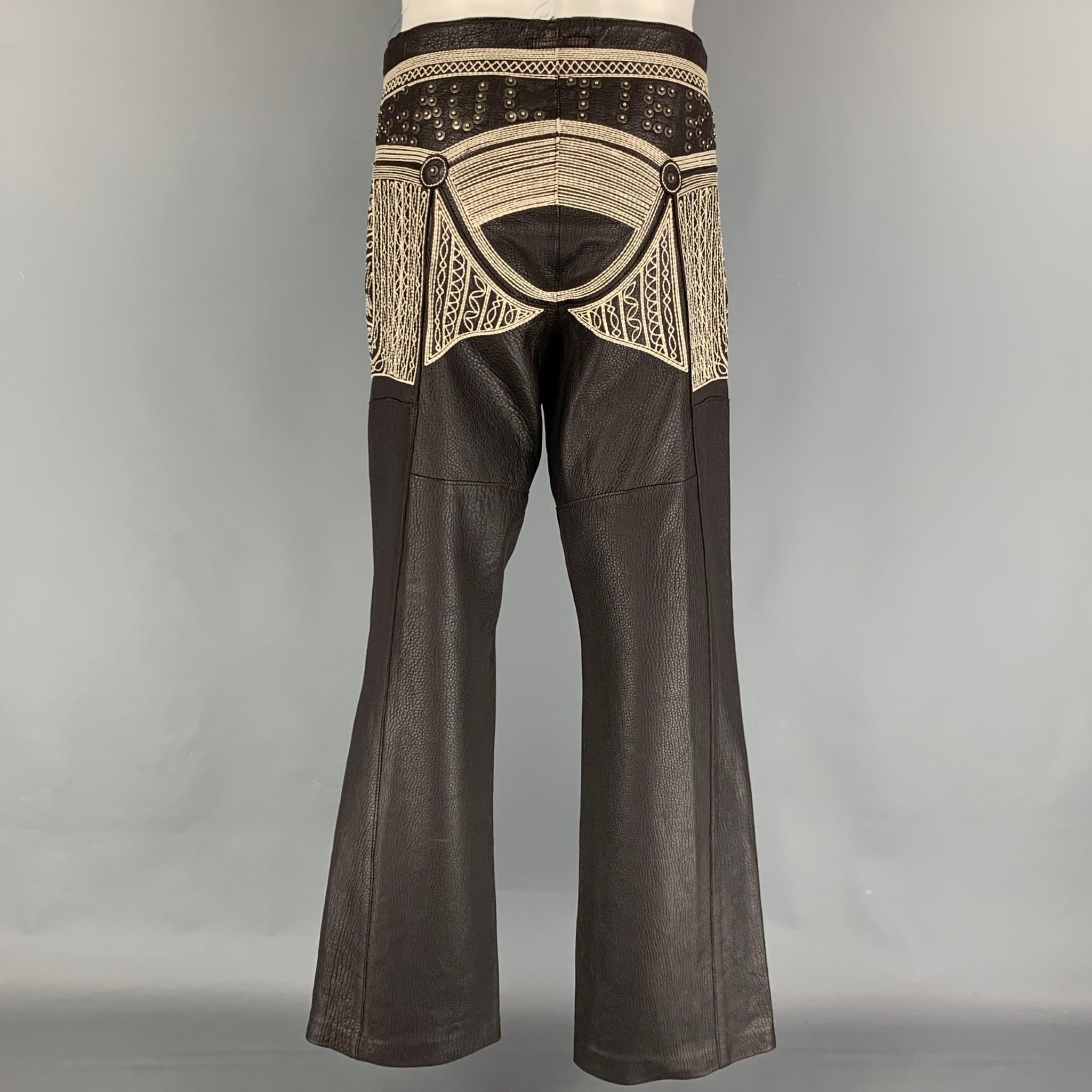 Black JEAN PAUL GAULTIER 2000 Size 34 Brown White Embroiderey Studed Leather Pants