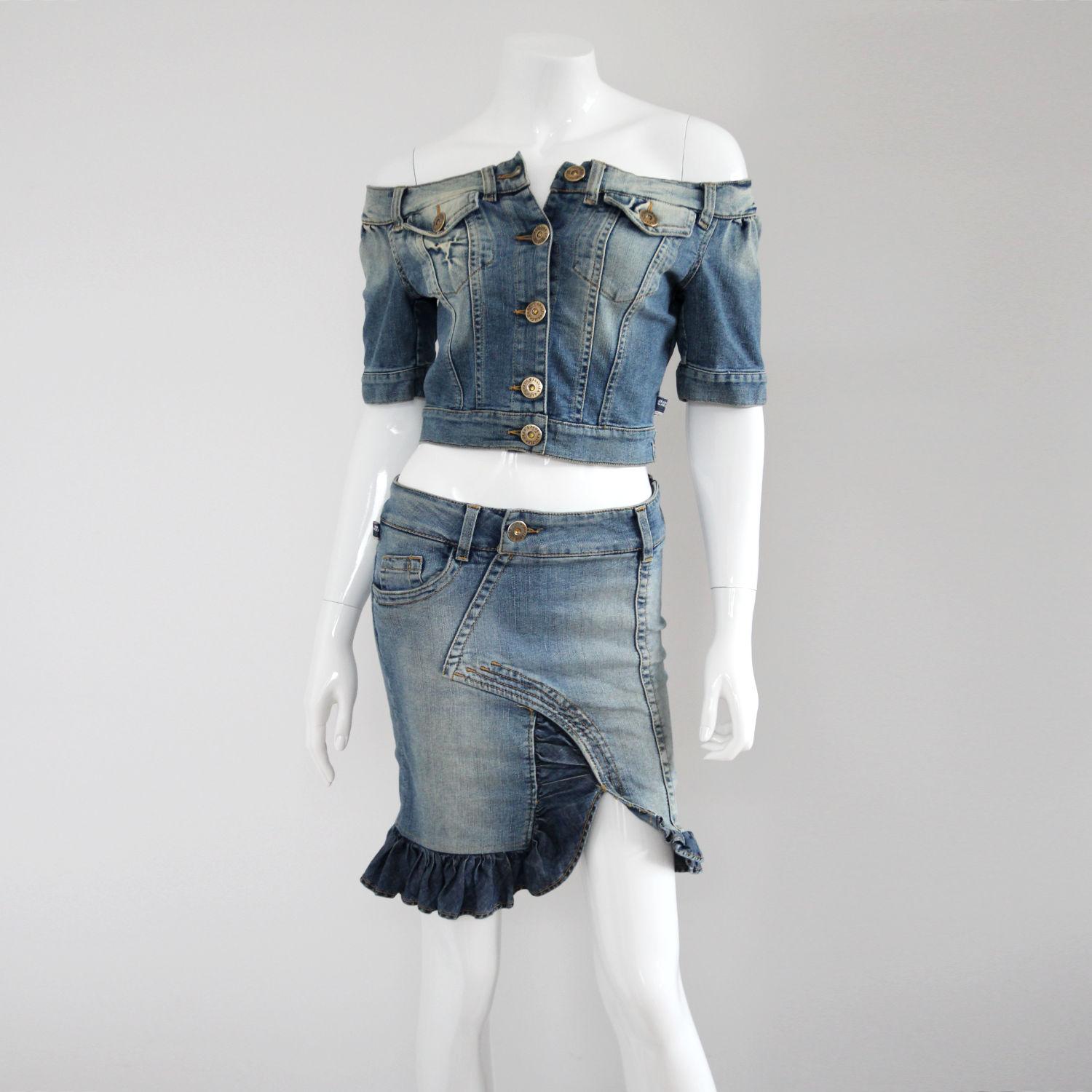 JEAN PAUL GAULTIER 2000er Jahre Blauer Denim Jeans Anzug / Oberteil & Rock Set Damen im Angebot
