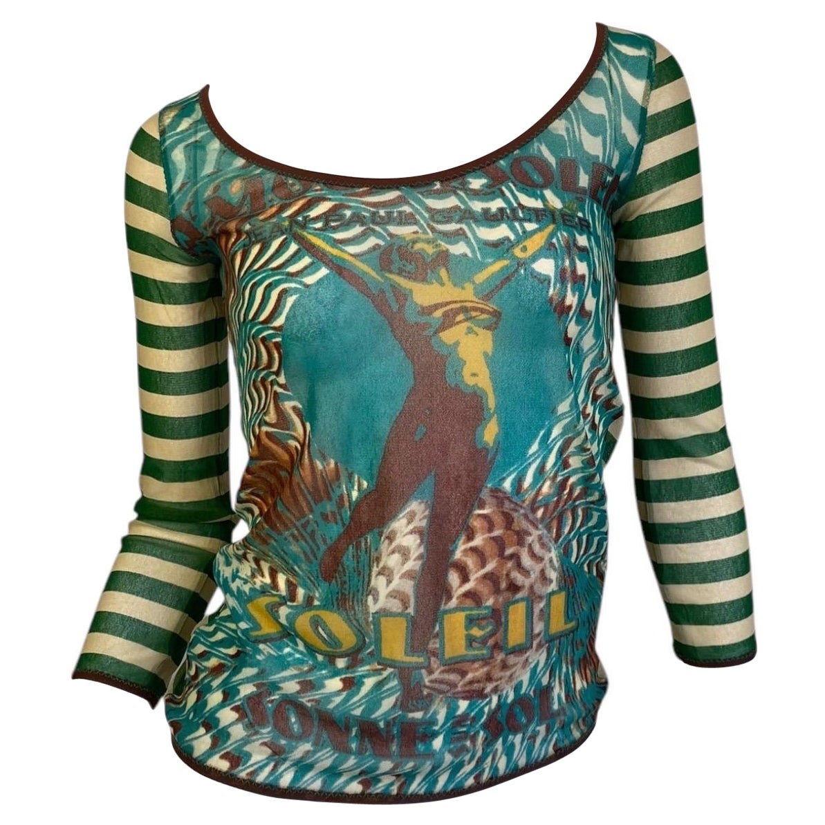 JEAN PAUL GAULTIER 2000s BLUE 
GREEN MESH STRIPED SOLEIL PRINT TOP