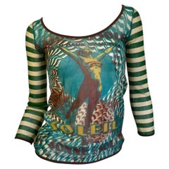 JEAN PAUL GAULTIER 2000s BLUE & GREEN MESH STRIPED SOLEIL PRINT TOP