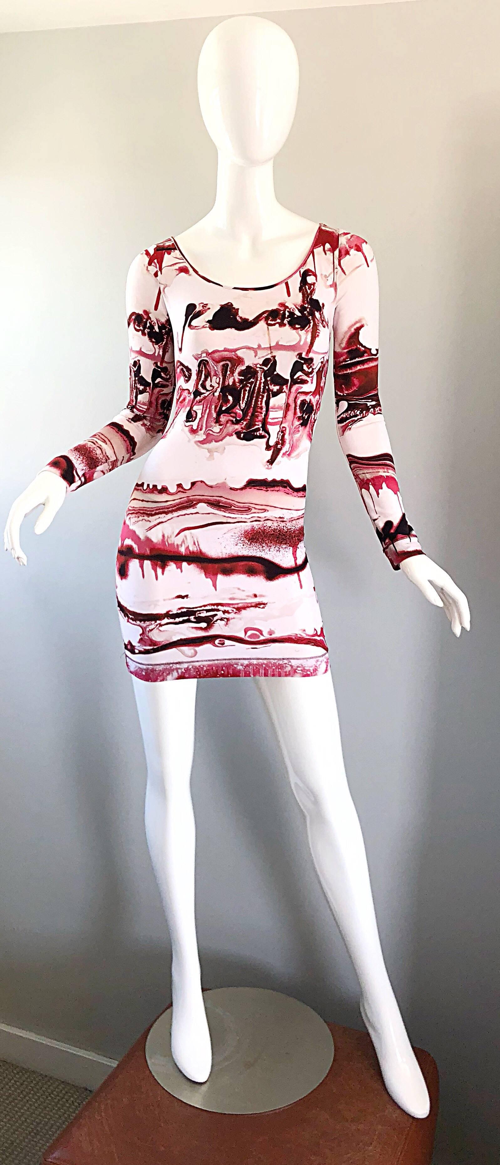 Sexy early 2000s JEAN PAUL GAULTIER vampire blood novelty print long sleeve mini dress! Features dark red and white, with Gaultier spelled out in graffiti. Stretch rayon jersey material stretches to fit. Simply slips over the head. Great belted or