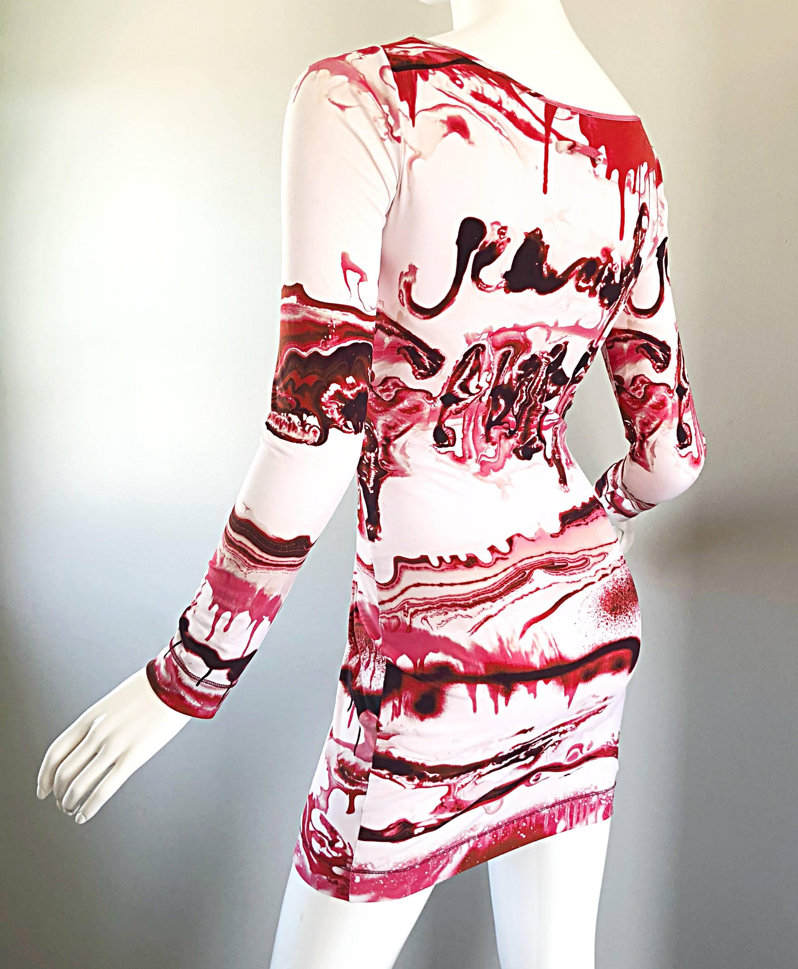 Beige Jean Paul Gaultier 2000s Vampire Blood Print Long Sleeve Bodycon Mini Dress