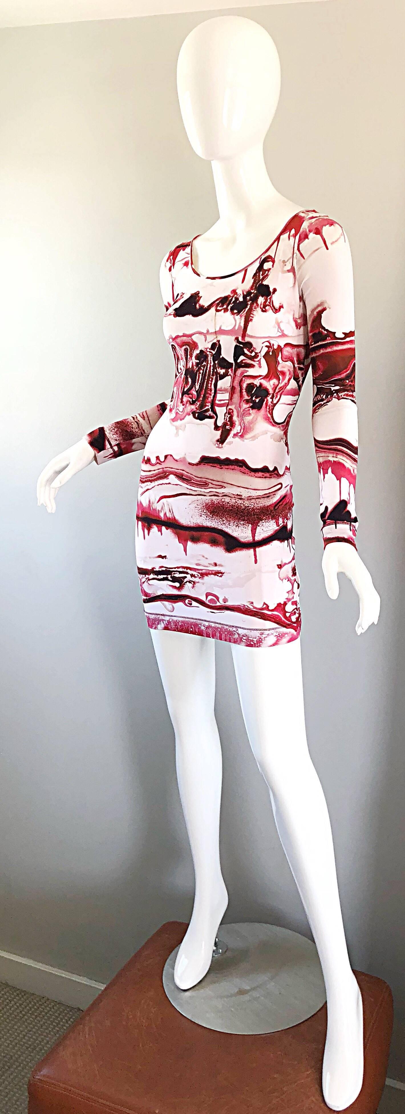 Jean Paul Gaultier 2000s Vampire Blood Print Long Sleeve Bodycon Mini Dress In Excellent Condition In San Diego, CA