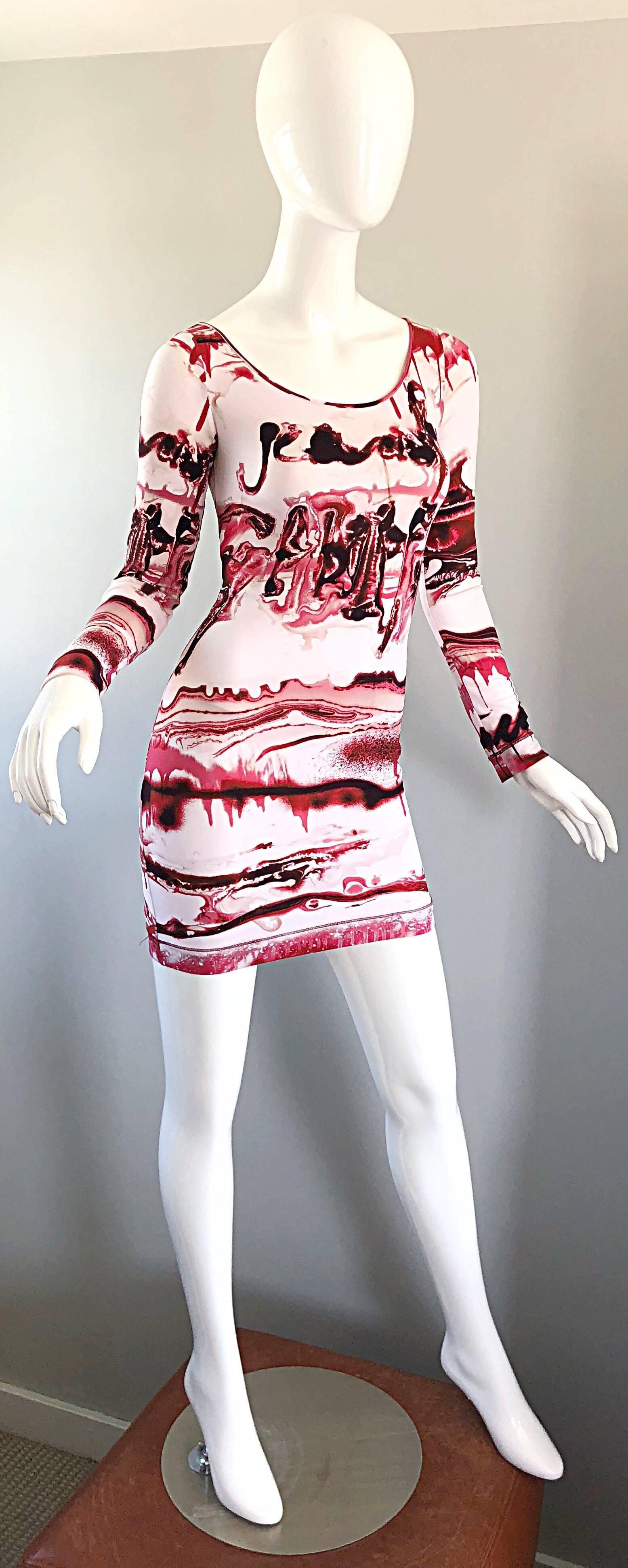 Women's Jean Paul Gaultier 2000s Vampire Blood Print Long Sleeve Bodycon Mini Dress