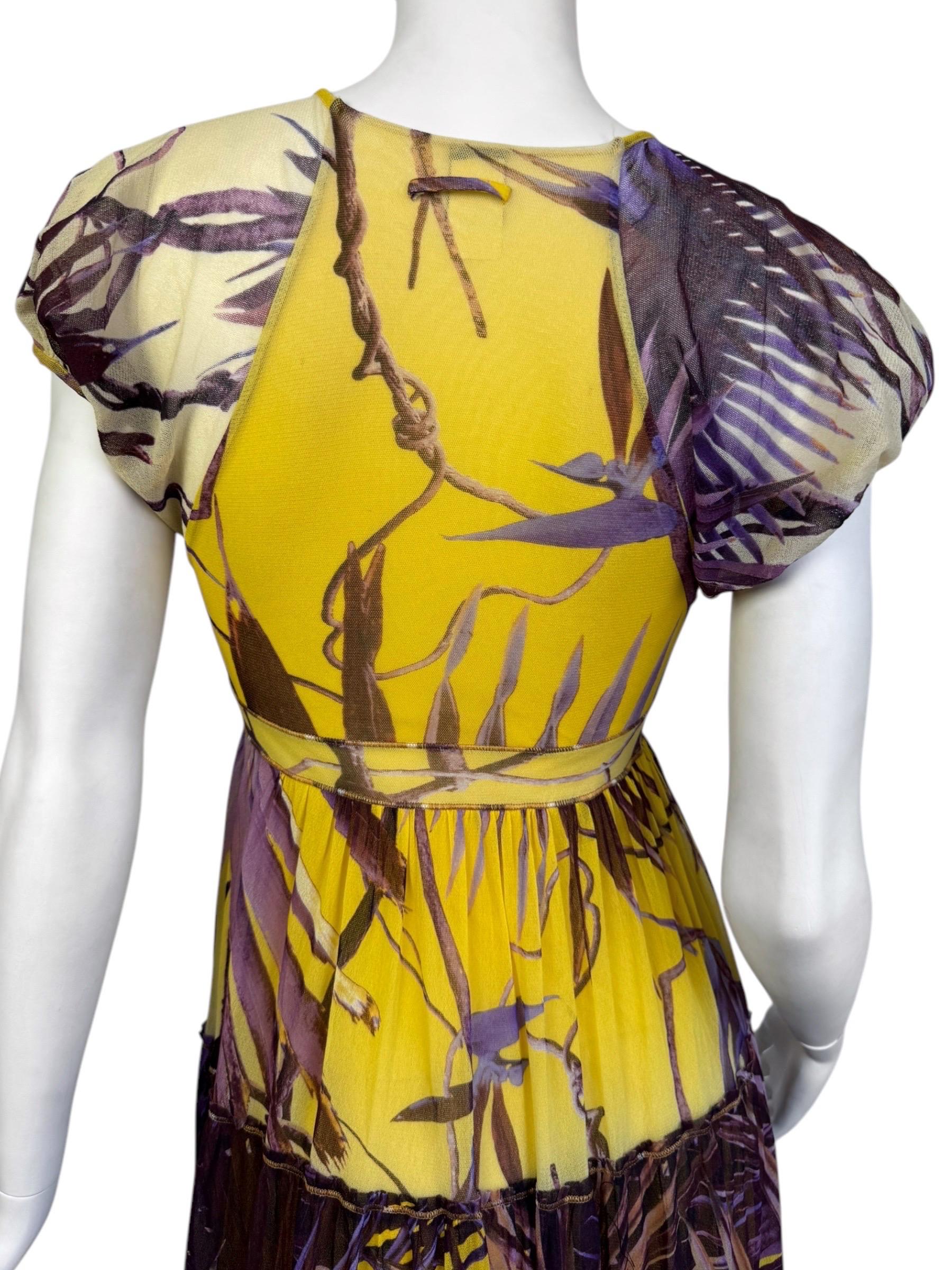 JEAN PAUL GAULTIER 2000s YELLOW & PURPLE MESH TROPICAL PRINT MIDI DRESS For Sale 5