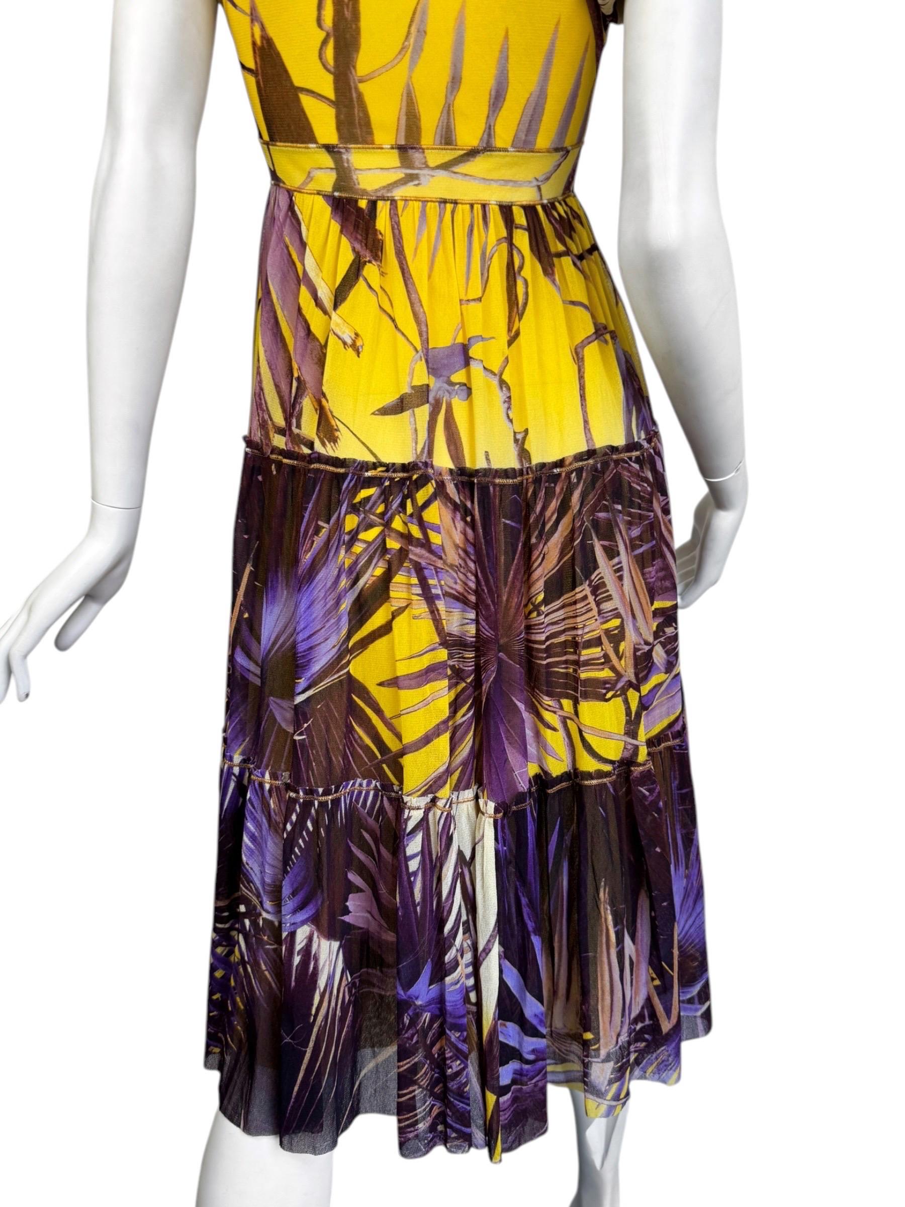 JEAN PAUL GAULTIER 2000s YELLOW & PURPLE MESH TROPICAL PRINT MIDI DRESS For Sale 6