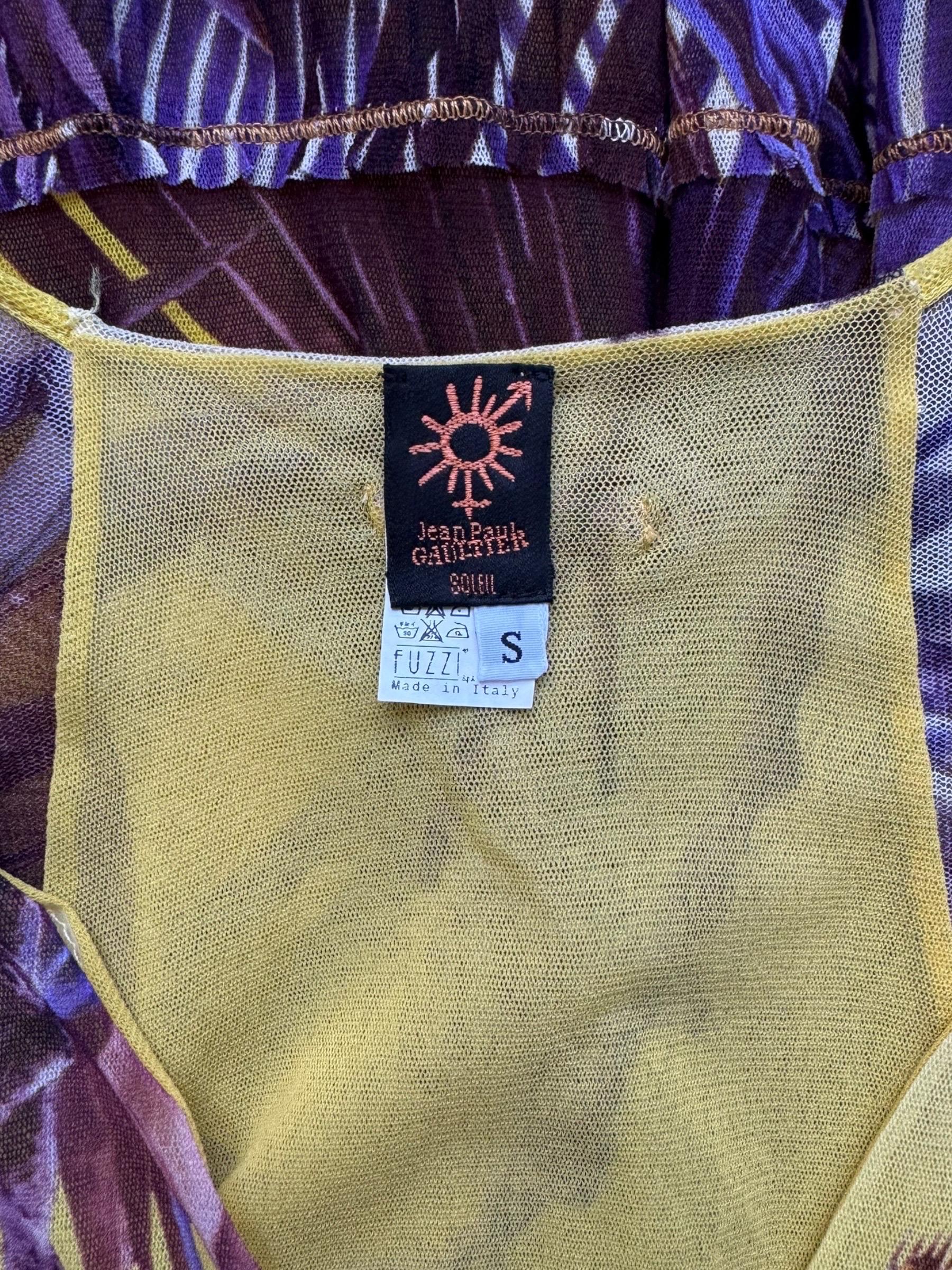 JEAN PAUL GAULTIER 2000s YELLOW & PURPLE MESH TROPICAL PRINT MIDI DRESS For Sale 7