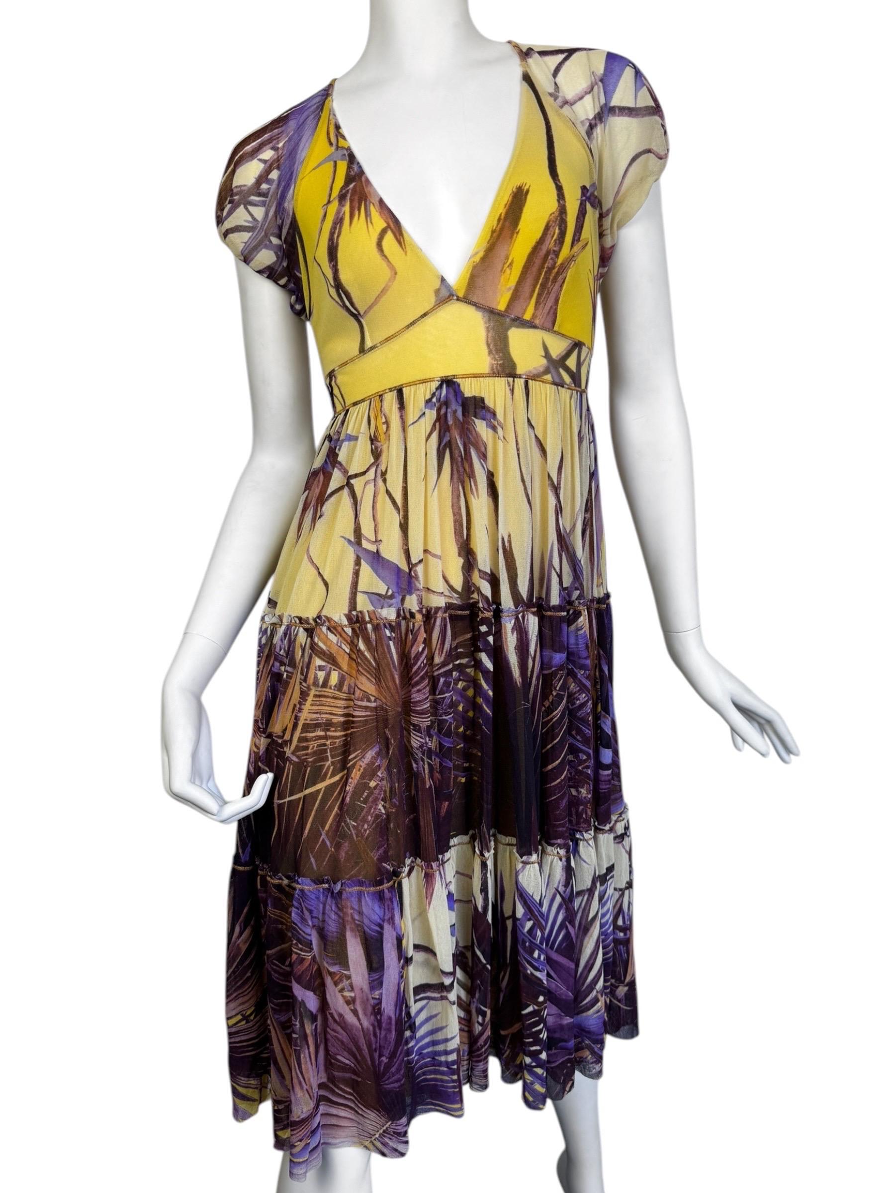 Beige JEAN PAUL GAULTIER 2000s YELLOW & PURPLE MESH TROPICAL PRINT MIDI DRESS For Sale
