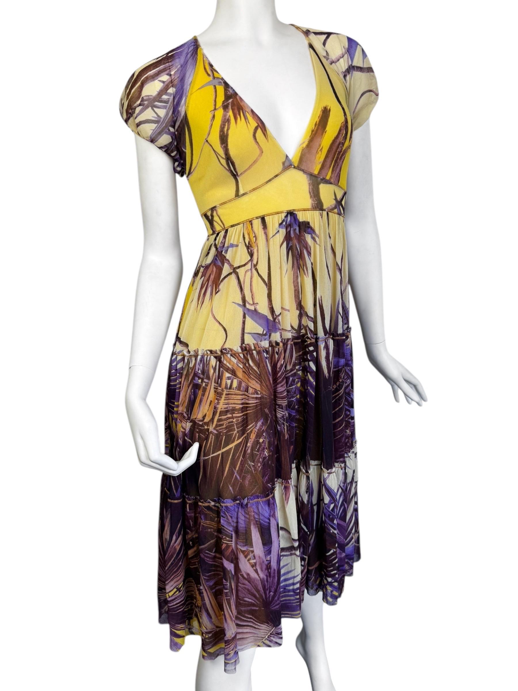 JEAN PAUL GAULTIER 2000s YELLOW & PURPLE MESH TROPICAL PRINT MIDI DRESS In Excellent Condition For Sale In PARIS, FR