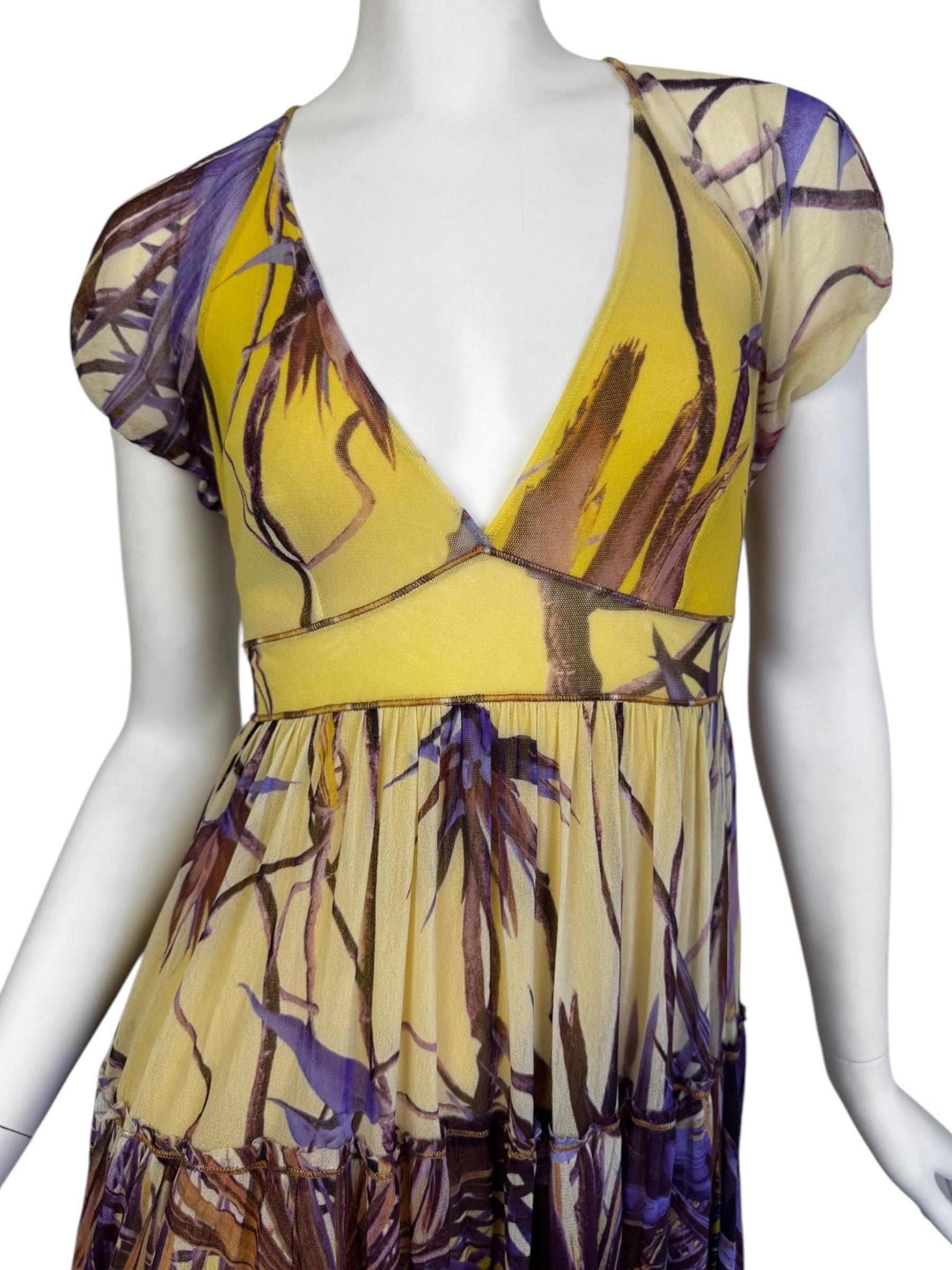 JEAN PAUL GAULTIER 2000s YELLOW & PURPLE MESH TROPICAL PRINT MIDI DRESS For Sale 1