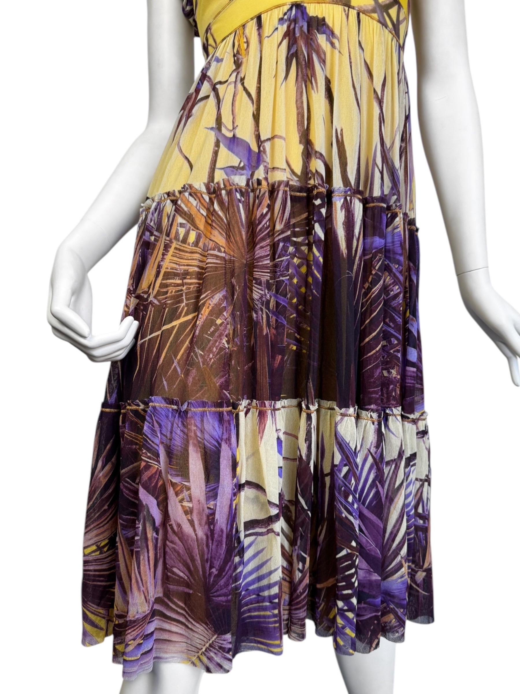 JEAN PAUL GAULTIER 2000s YELLOW & PURPLE MESH TROPICAL PRINT MIDI DRESS For Sale 2