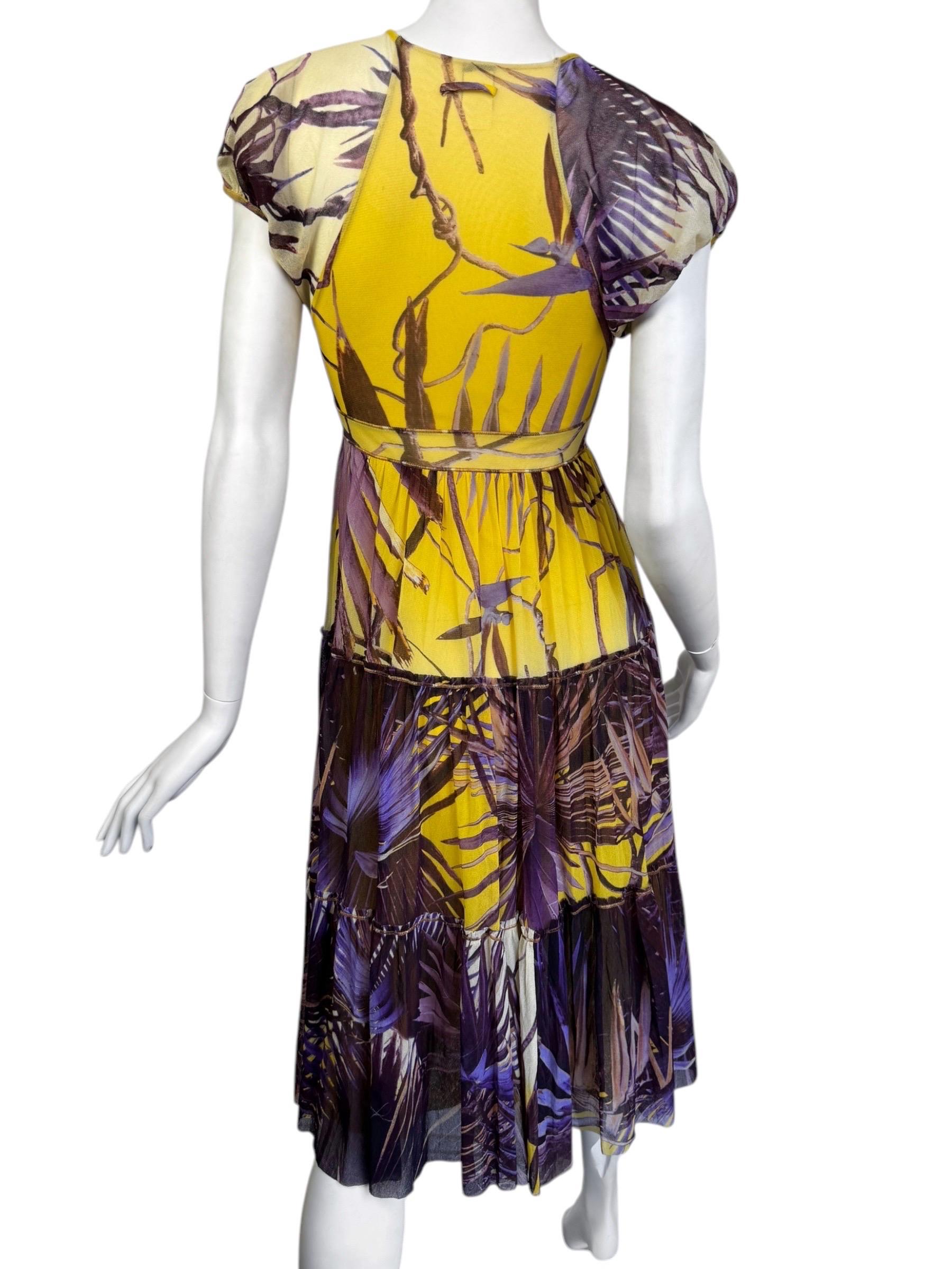 JEAN PAUL GAULTIER 2000s YELLOW & PURPLE MESH TROPICAL PRINT MIDI DRESS For Sale 3