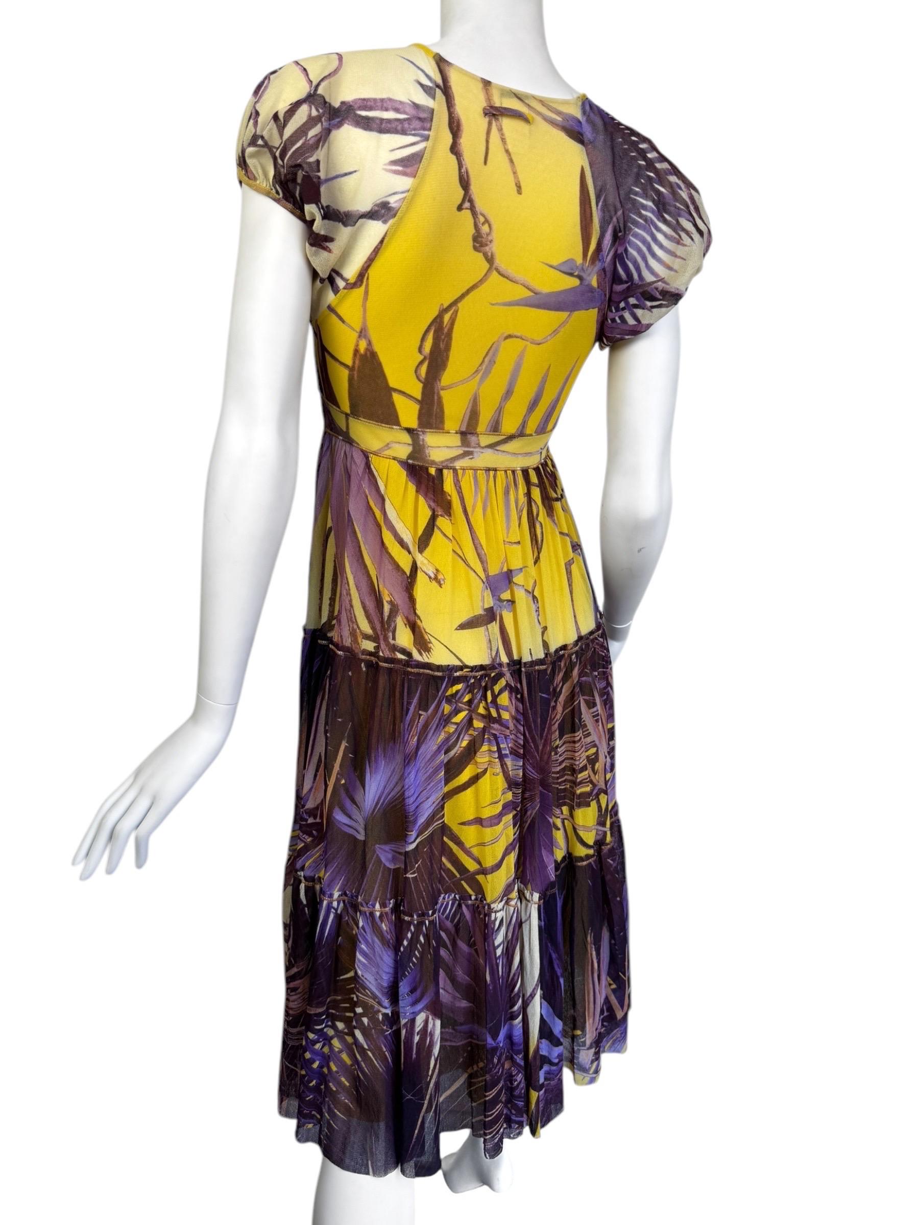 JEAN PAUL GAULTIER 2000s YELLOW & PURPLE MESH TROPICAL PRINT MIDI DRESS For Sale 4