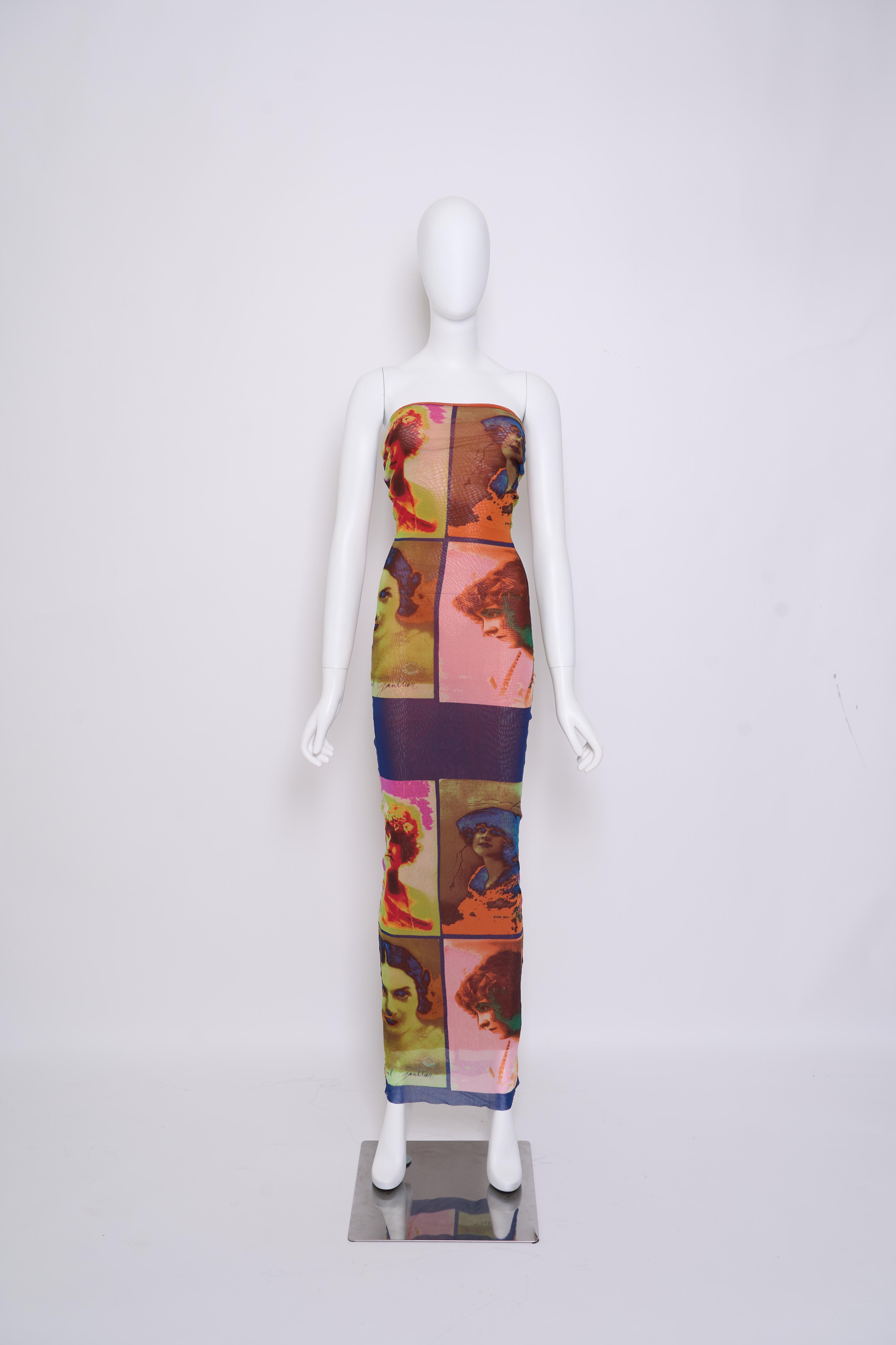 Piece Description: This exquisite Jean Paul Gaultier long dress from the 2002 Soleil Portraits collection is a striking statement piece that showcases the designer's iconic blend of art and fashion. Featuring a vibrant, multi-colored print of