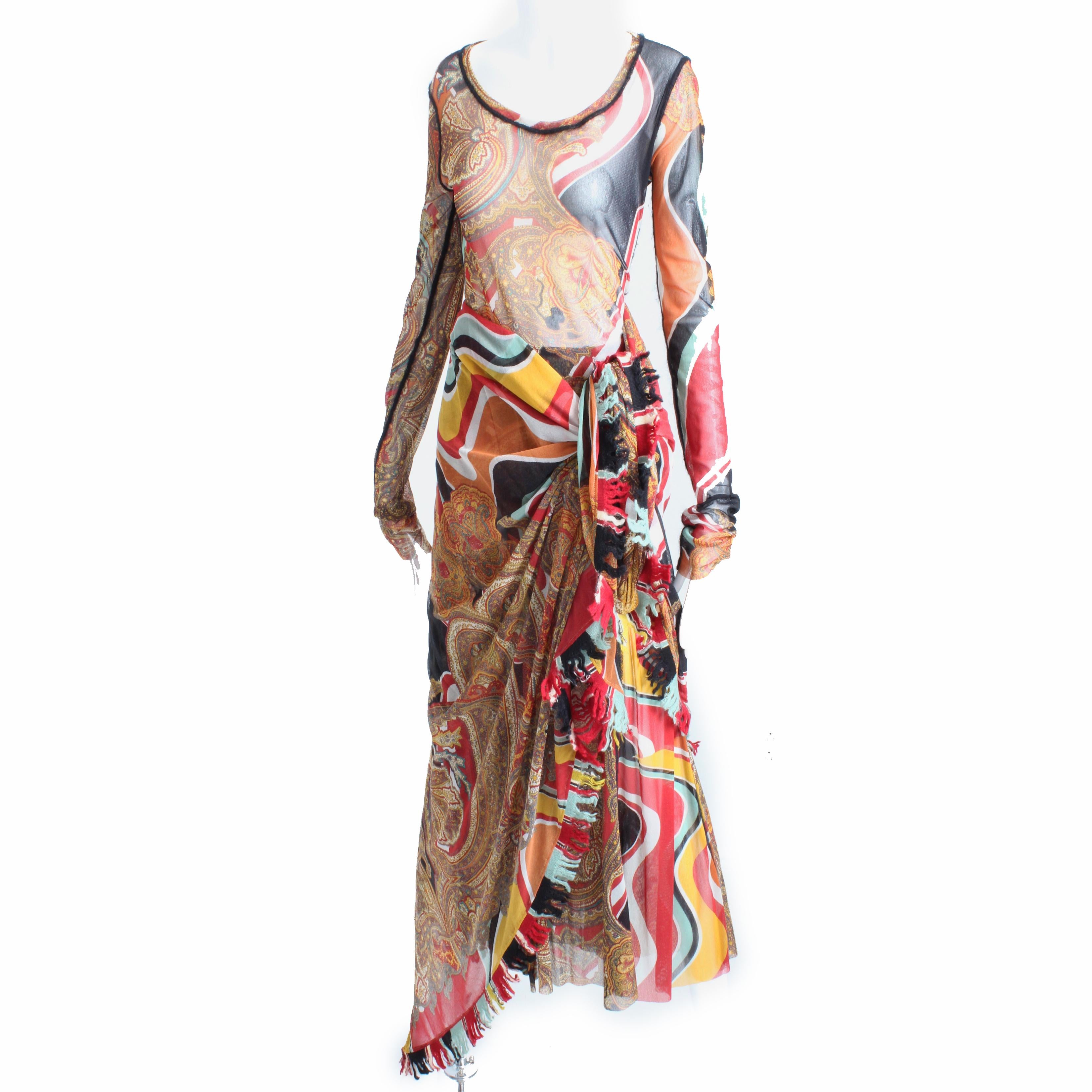 Rare Jean Paul Gaultier 3pc ensemble: sheer mesh top, skirt and 62in fringed scarf, likely made in the 90s. Made from a sheer synthetic net fabric (no content label, we believe it's polyamide and/or viscose), it features a gorgeous paisley &