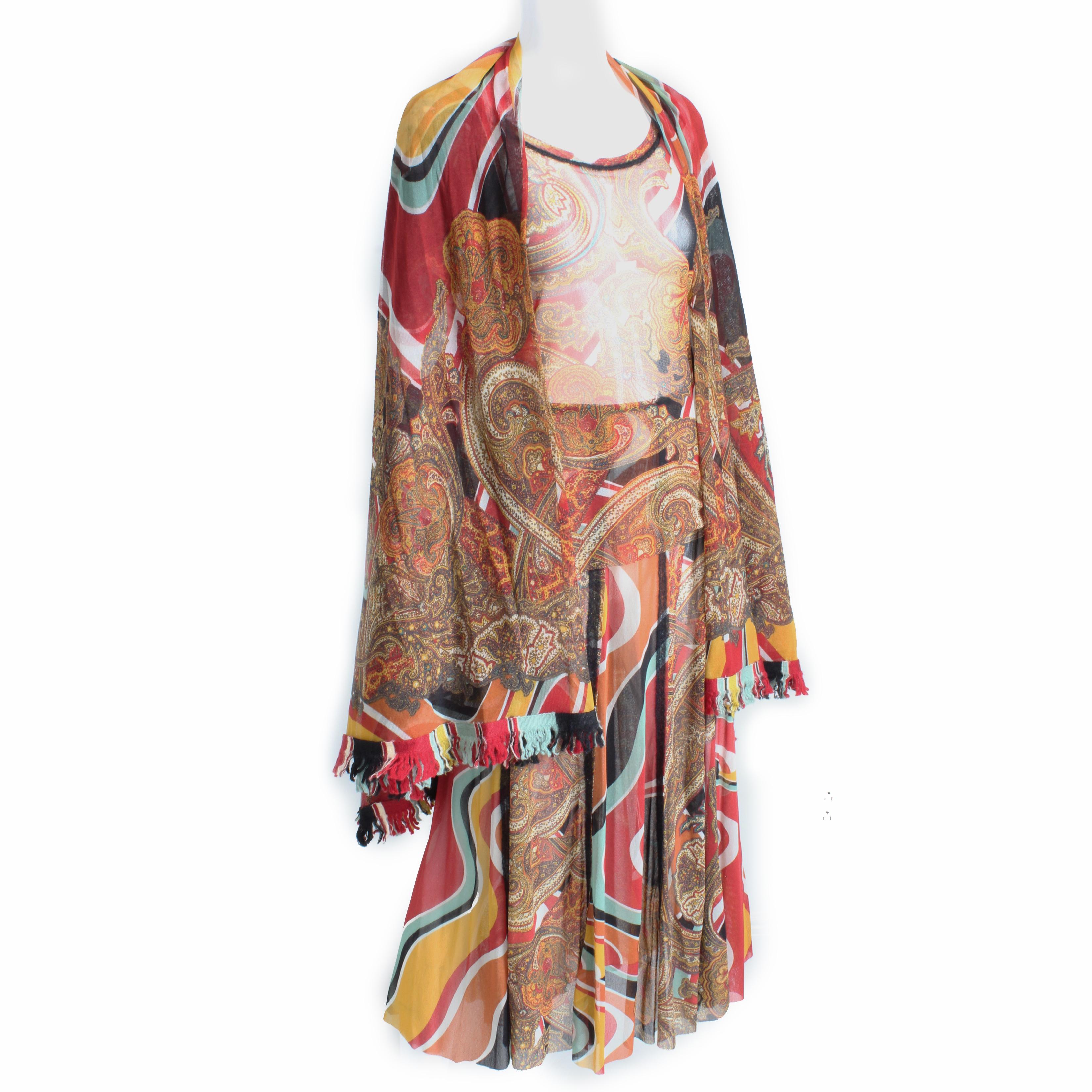 Jean Paul Gaultier 3pc Set Mesh Top Skirt Shawl Sheer Colorful Rare 90s Vintage For Sale 3