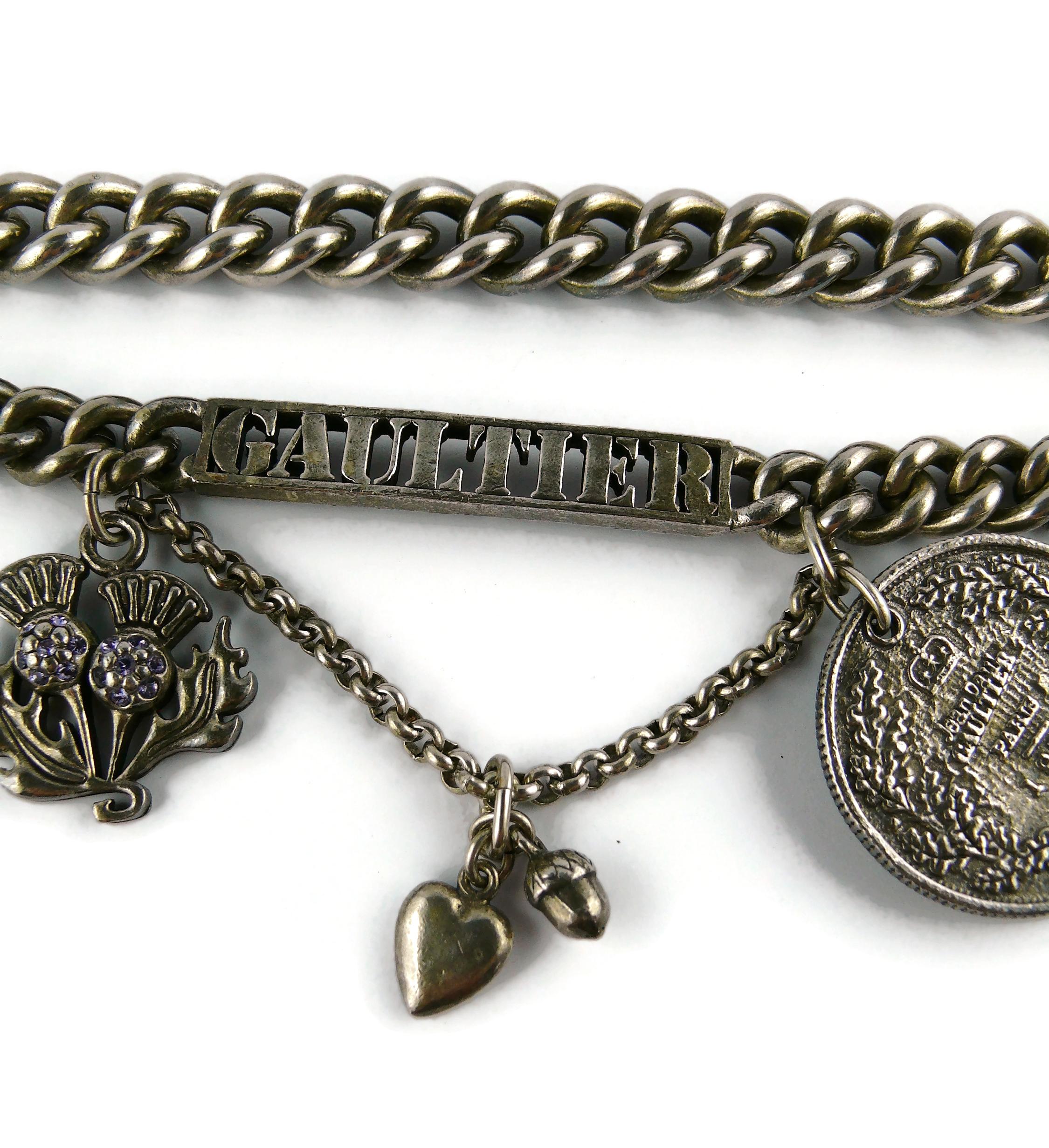 Jean Paul Gaultier Antiqued Silver Toned Curb Chain Charm Bracelet In Good Condition For Sale In Nice, FR