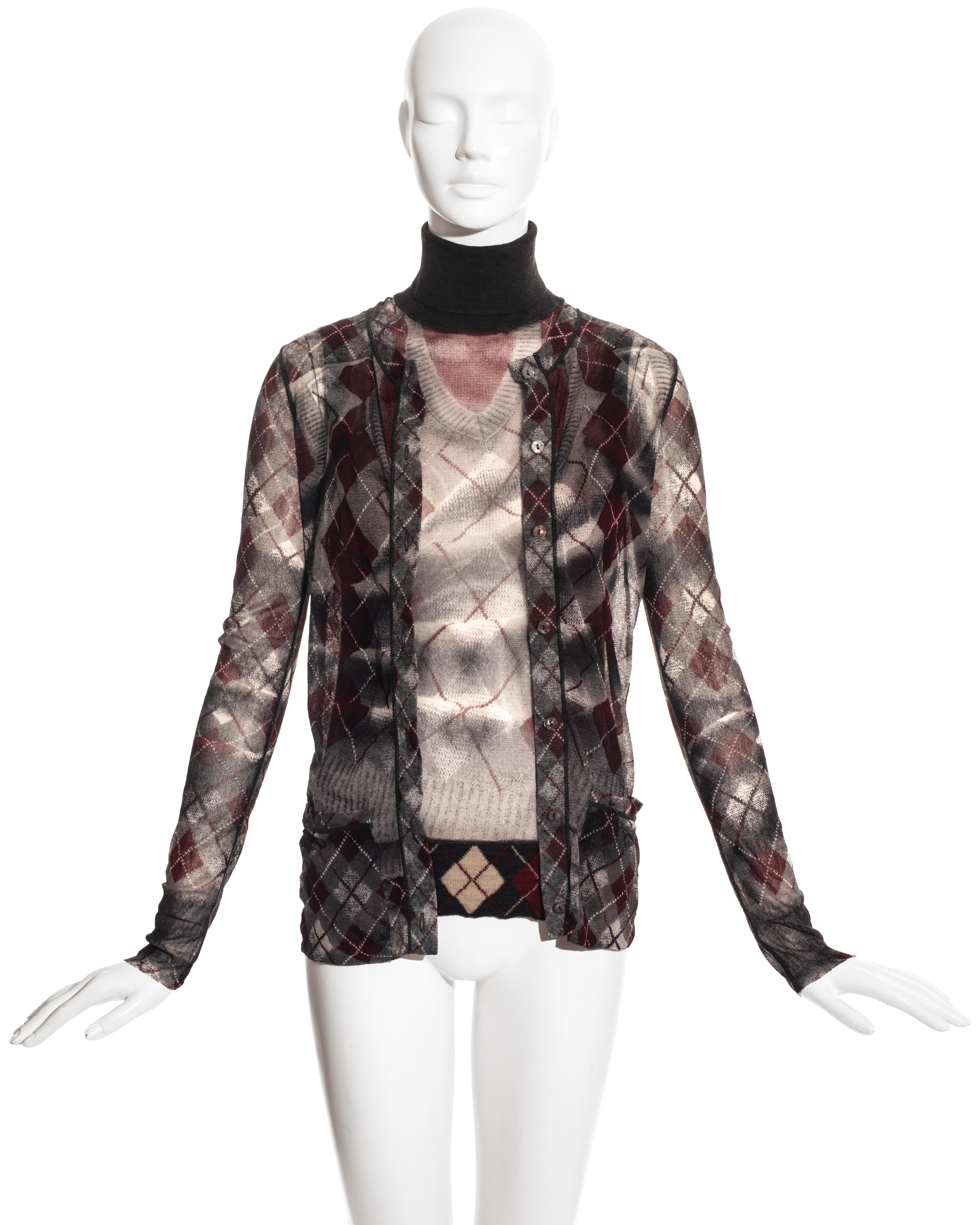 Jean Paul Gaultier grey and red argyle print mesh cardigan and sweater vest set. 

Fall-Winter 2004