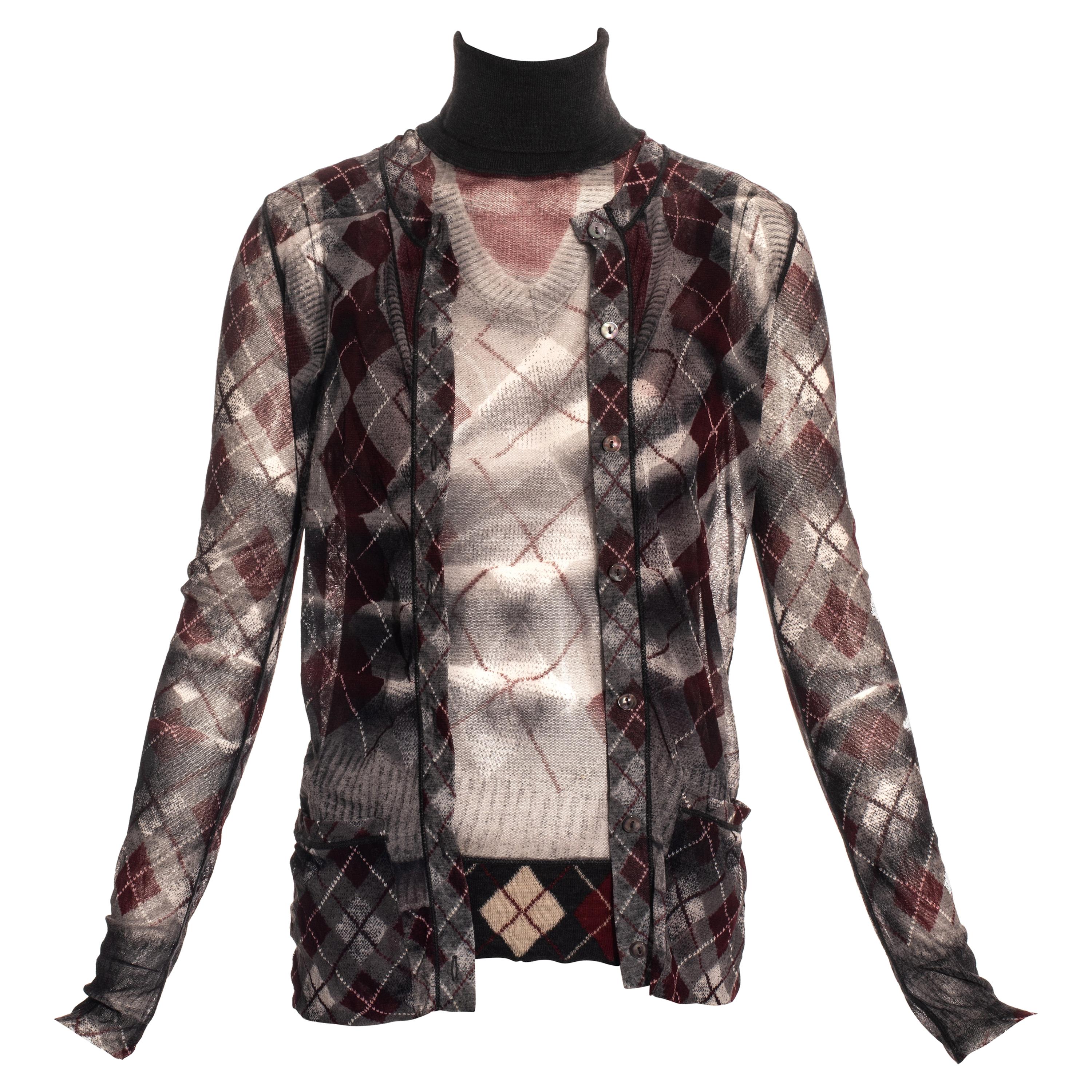 Jean Paul Gaultier argyle print mesh cardigan and sweater vest set, fw 2004