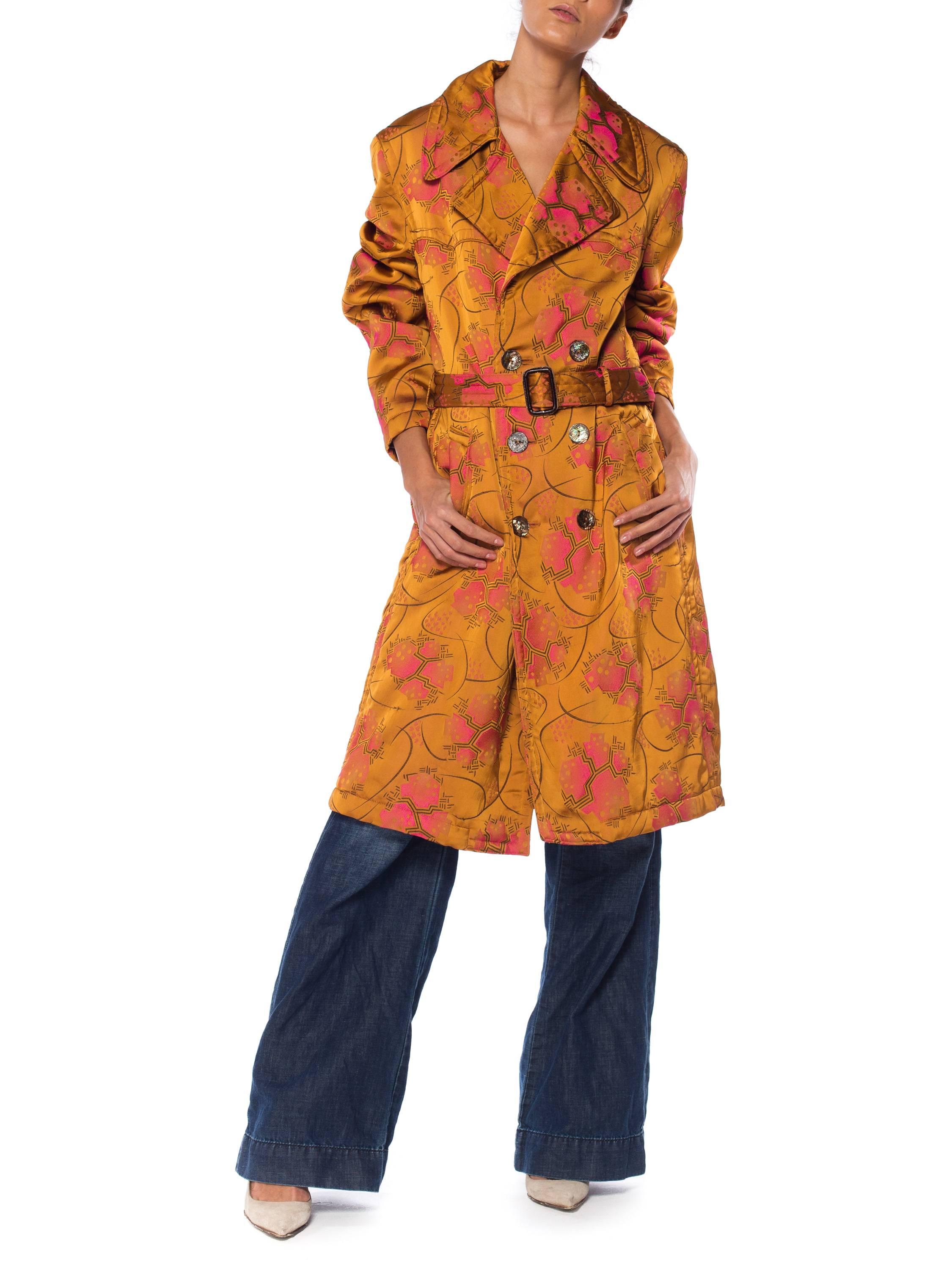 Orange 1990S JEAN PAUL GAULTIER Art Deco Rayon & Silk Brocade Belted Trench Coat