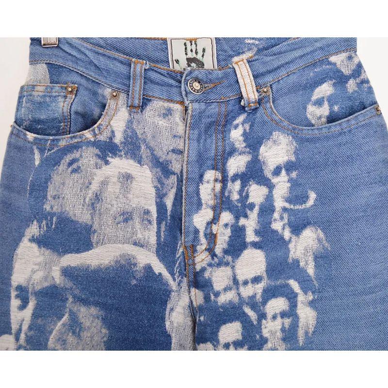 Iconic Jean Paul Gaultier 'Shredded Face' jeans from the Autumn / Winter 1992 Collection.

Crafted from Jacquard denim, featuring a high waisted figure hugging cut and Metal Plaque 'GAULTIER' detail.

Features:
Zip fasten
Classic x4 pocket