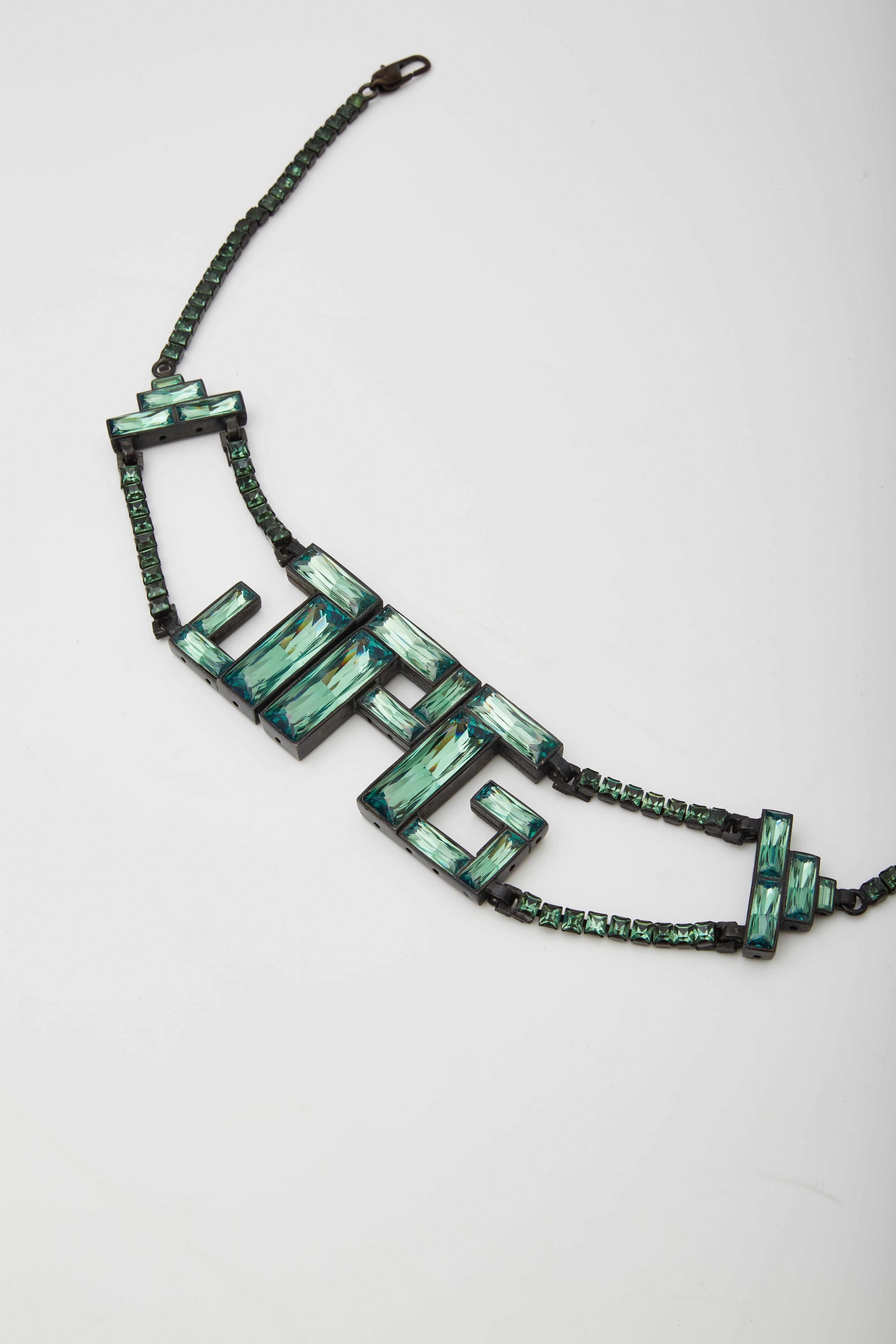 Jean Paul Gaultier Baguette Crystals Logo Belt Green For Sale 3