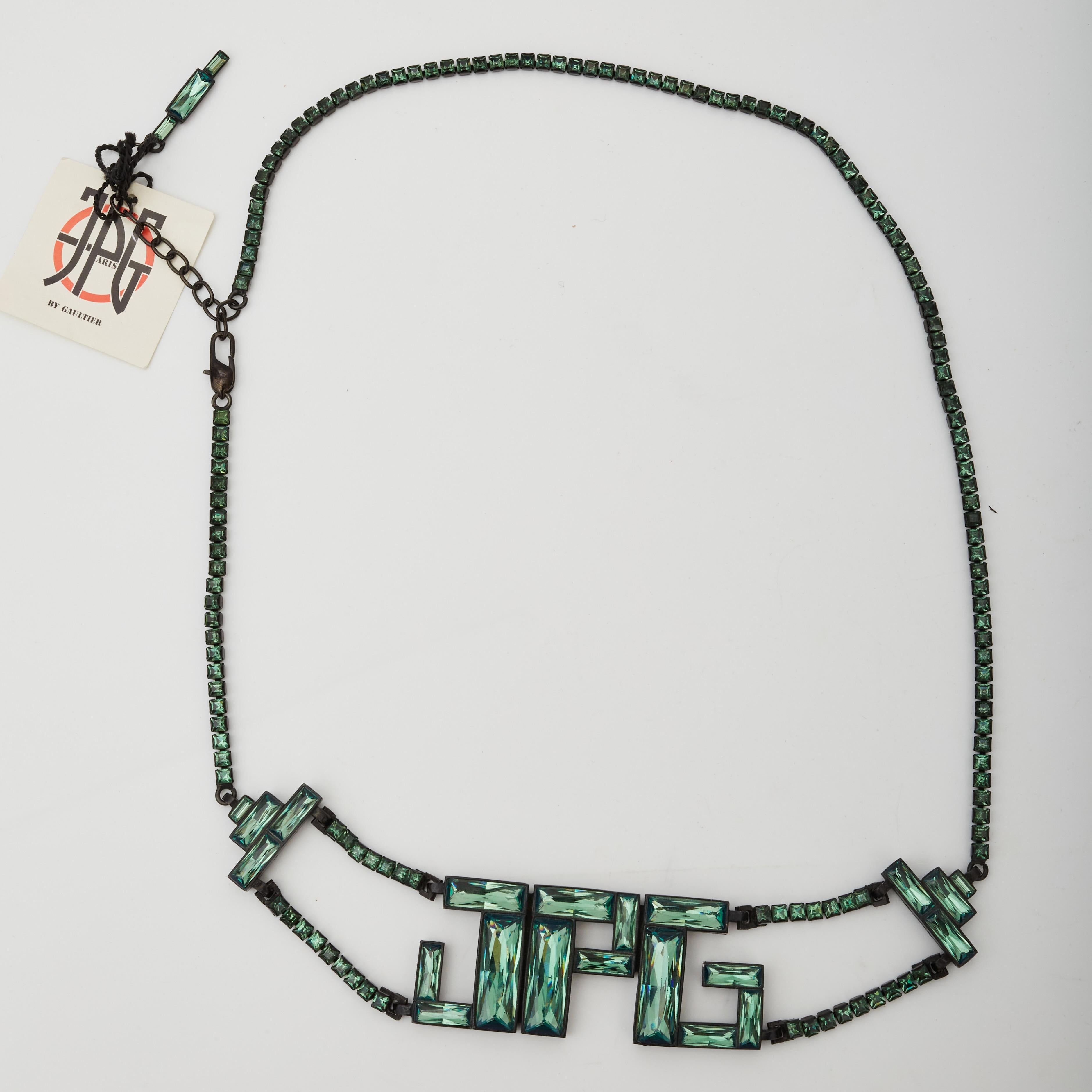 Jean Paul Gaultier Baguette Crystals Logo Belt Green For Sale 4