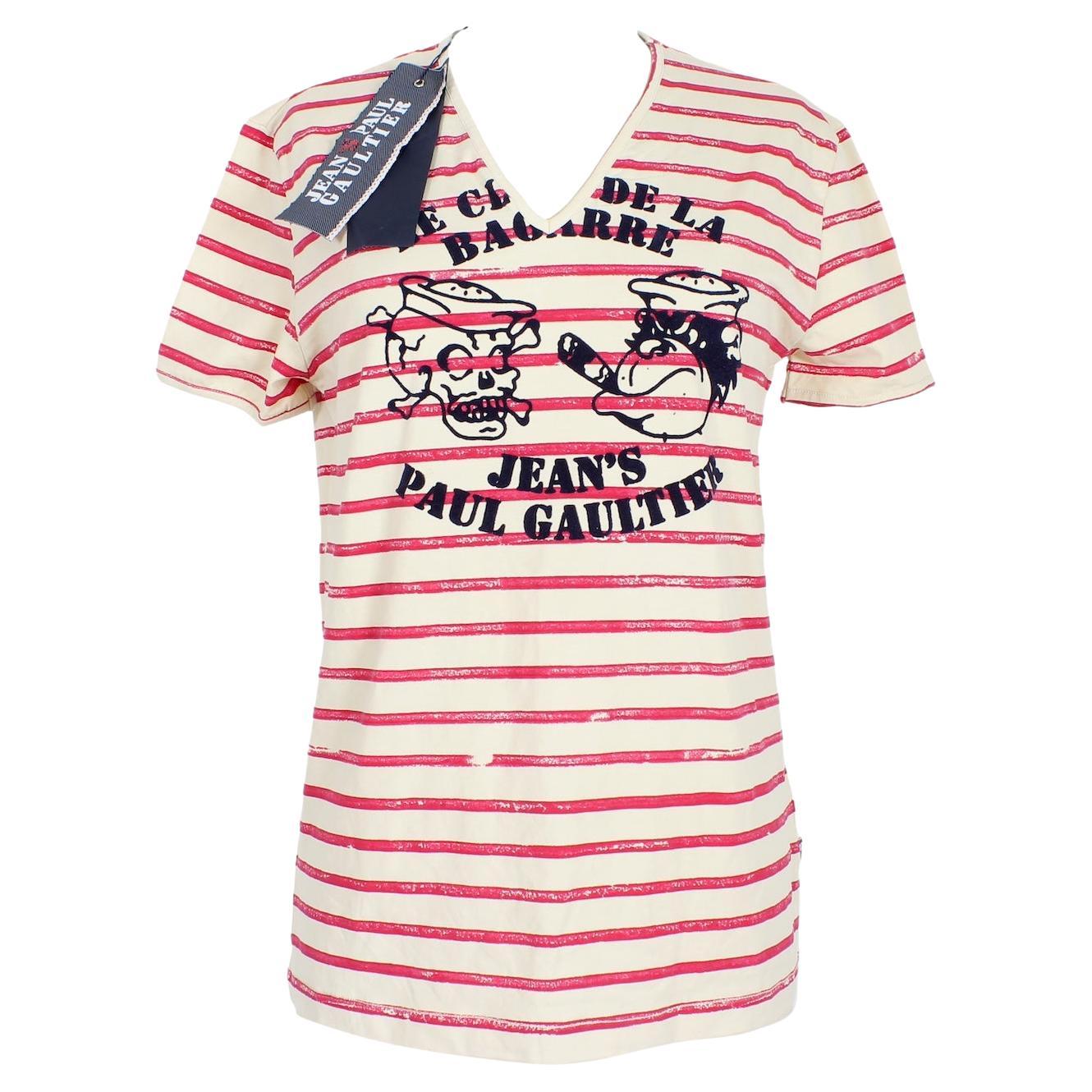 Jean Paul Gaultier Beige Rosa Baumwolle Nadelstreifen Casual T Shirt 2000s