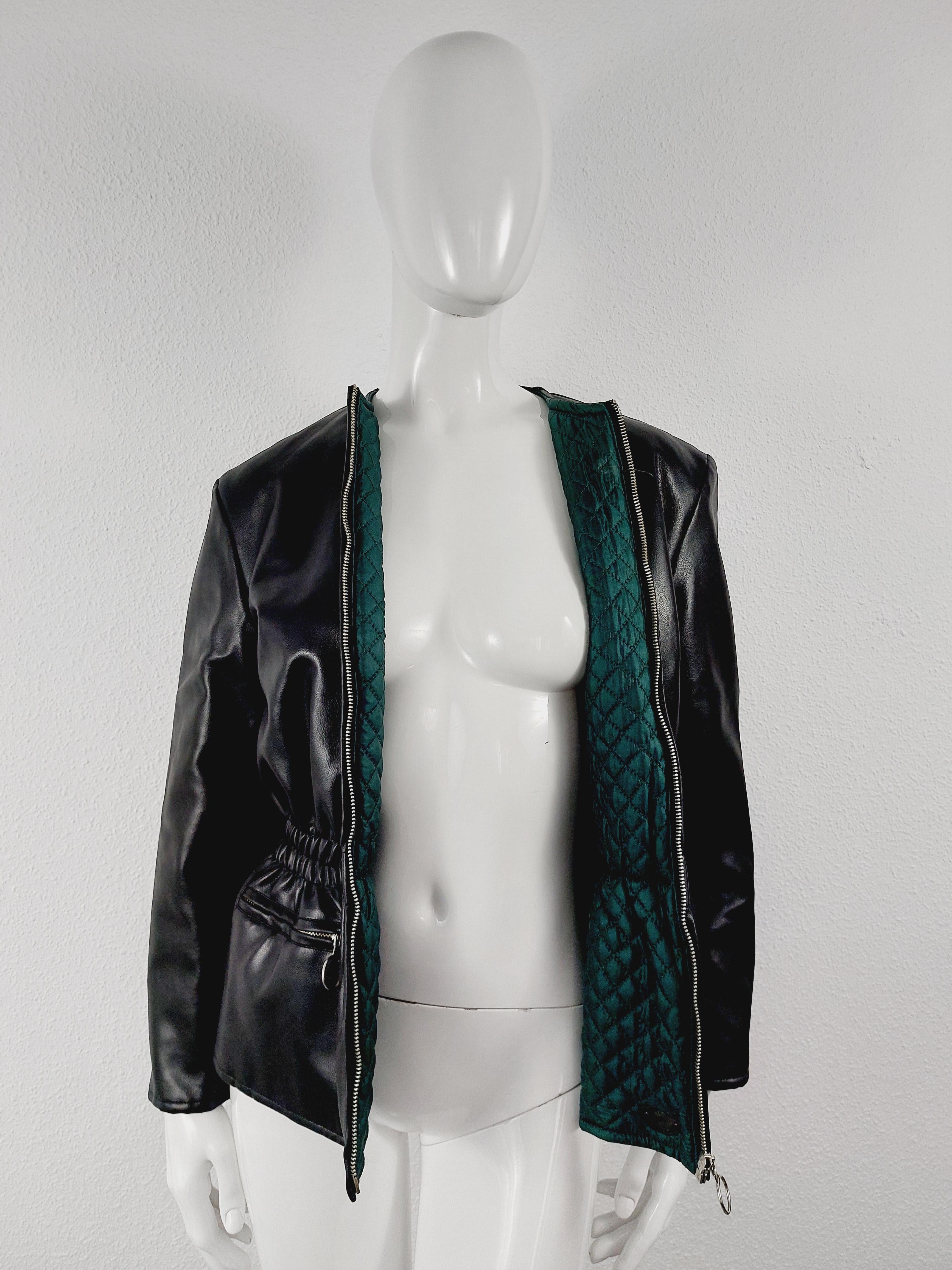 Jean Paul Gaultier Biker Motorcycle Leather Look Metal Black 90 Punk Jacket Coat en vente 6
