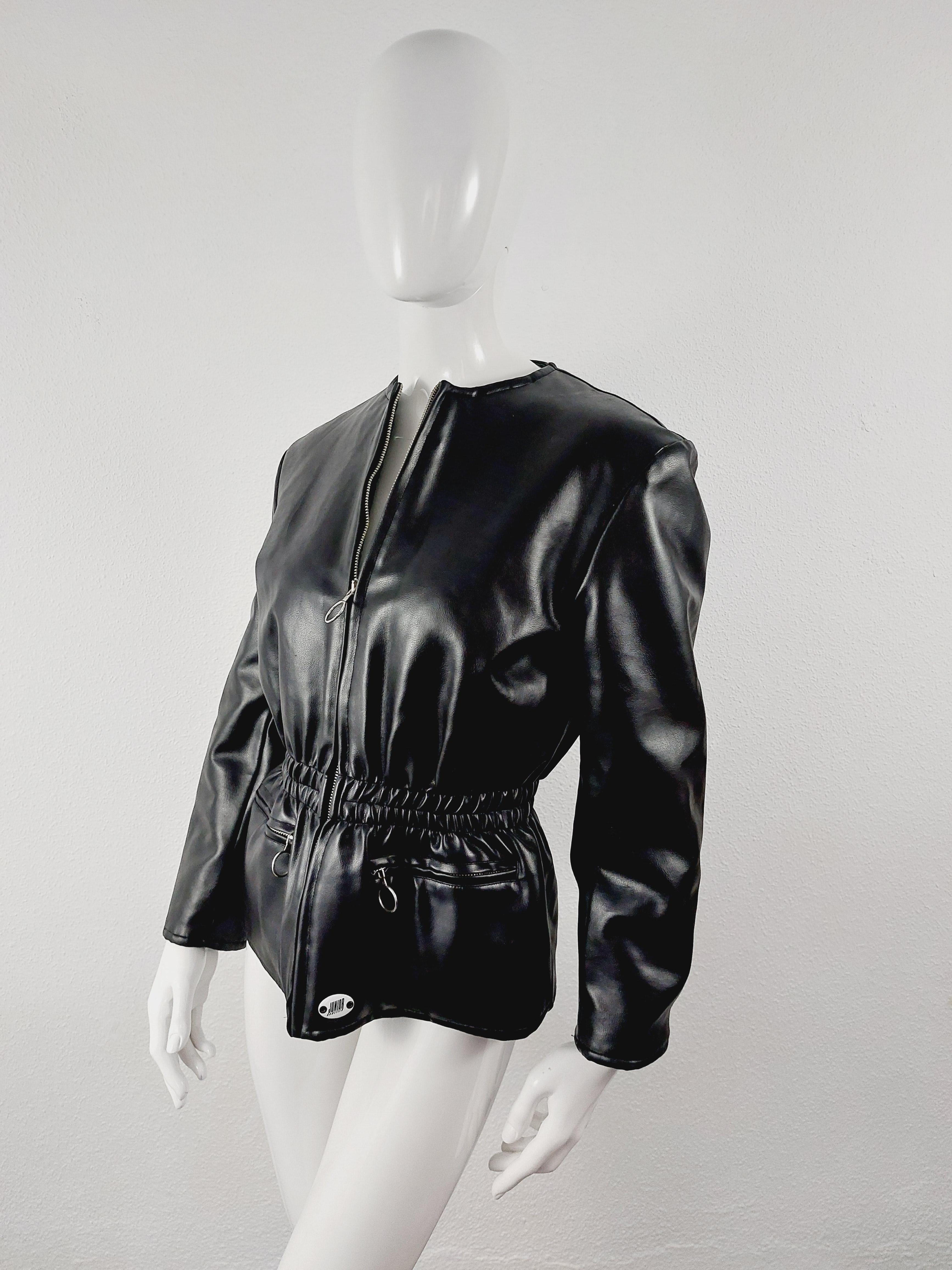 Jean Paul Gaultier Biker Motorcycle Leather Look Metal Black 90 Punk Jacket Coat For Sale 3