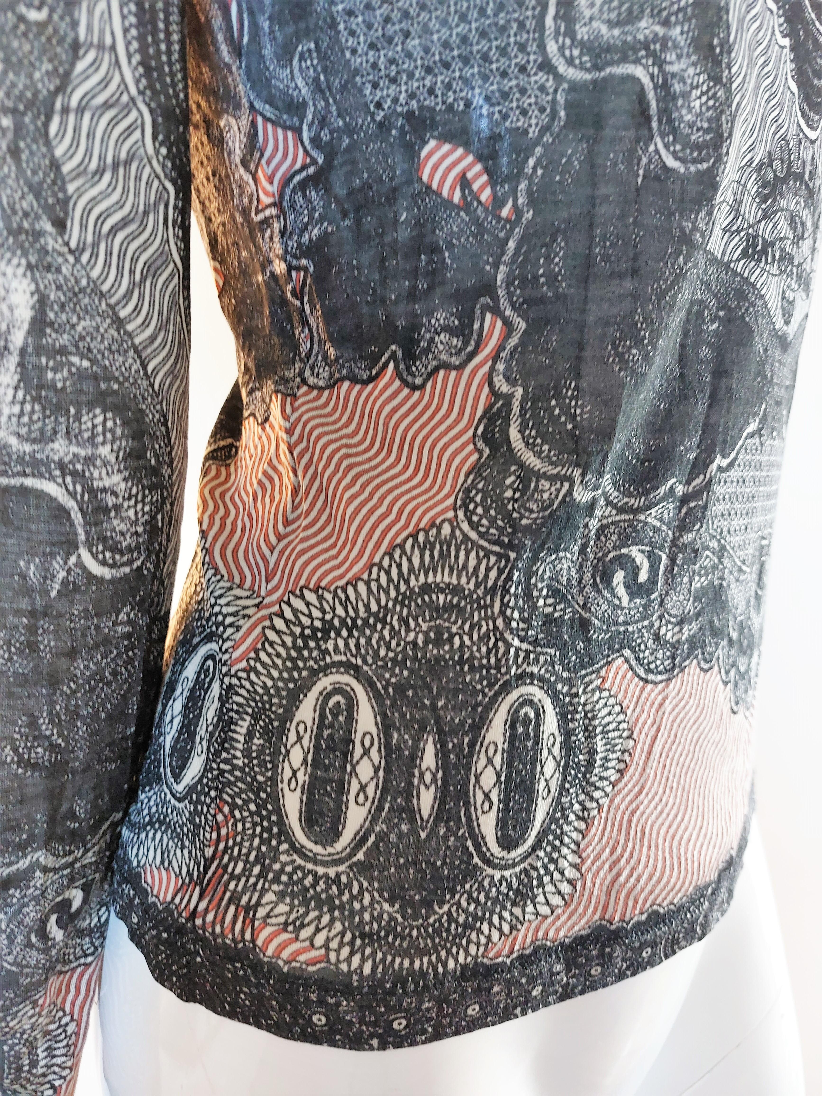 Jean Paul Gaultier Bill Banknote Money Mesh Tattoo 1994 S/S Unisex Top Shirt Tee For Sale 4