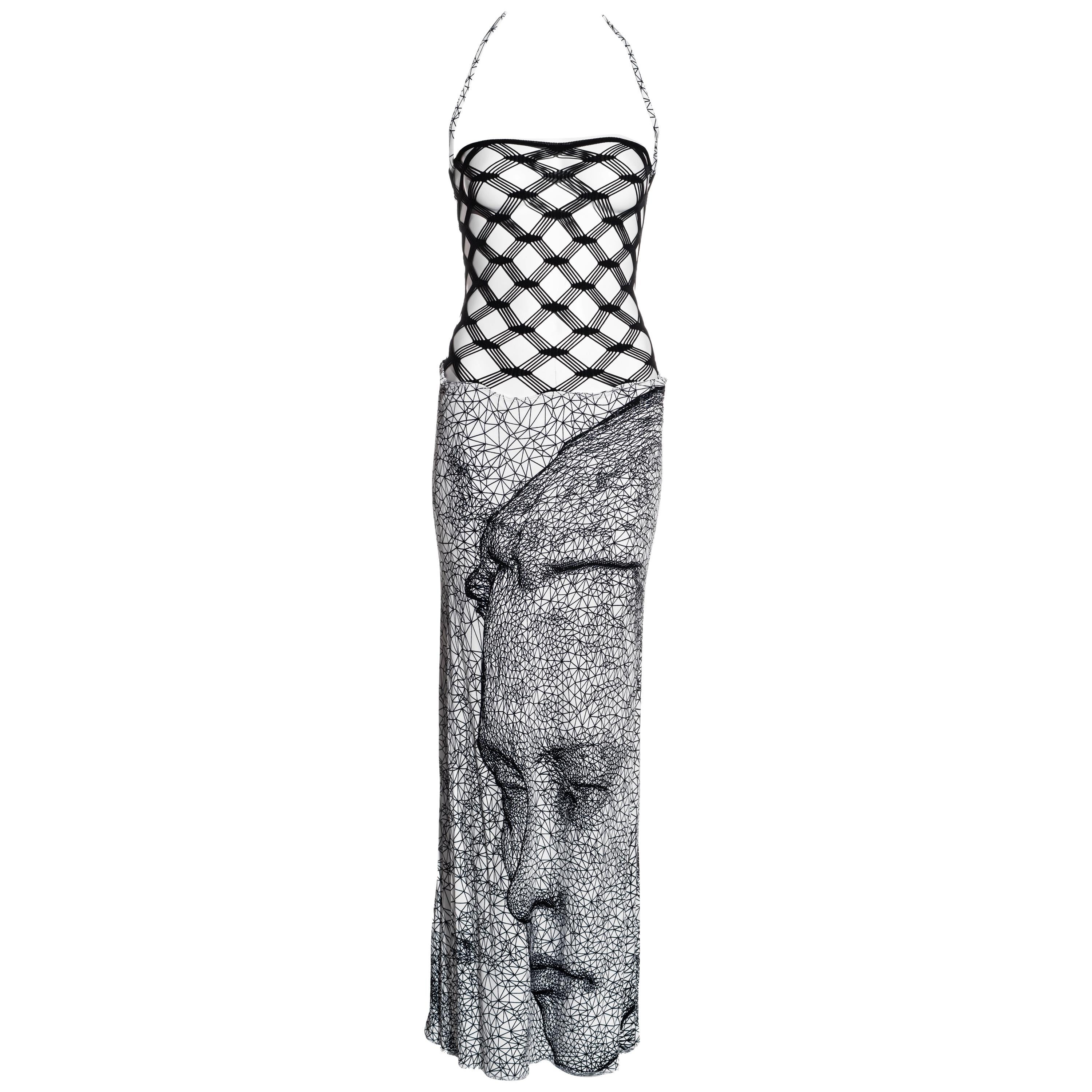 Jean Paul Gaultier black and white fishnet lycra maxi dress, ss 2001