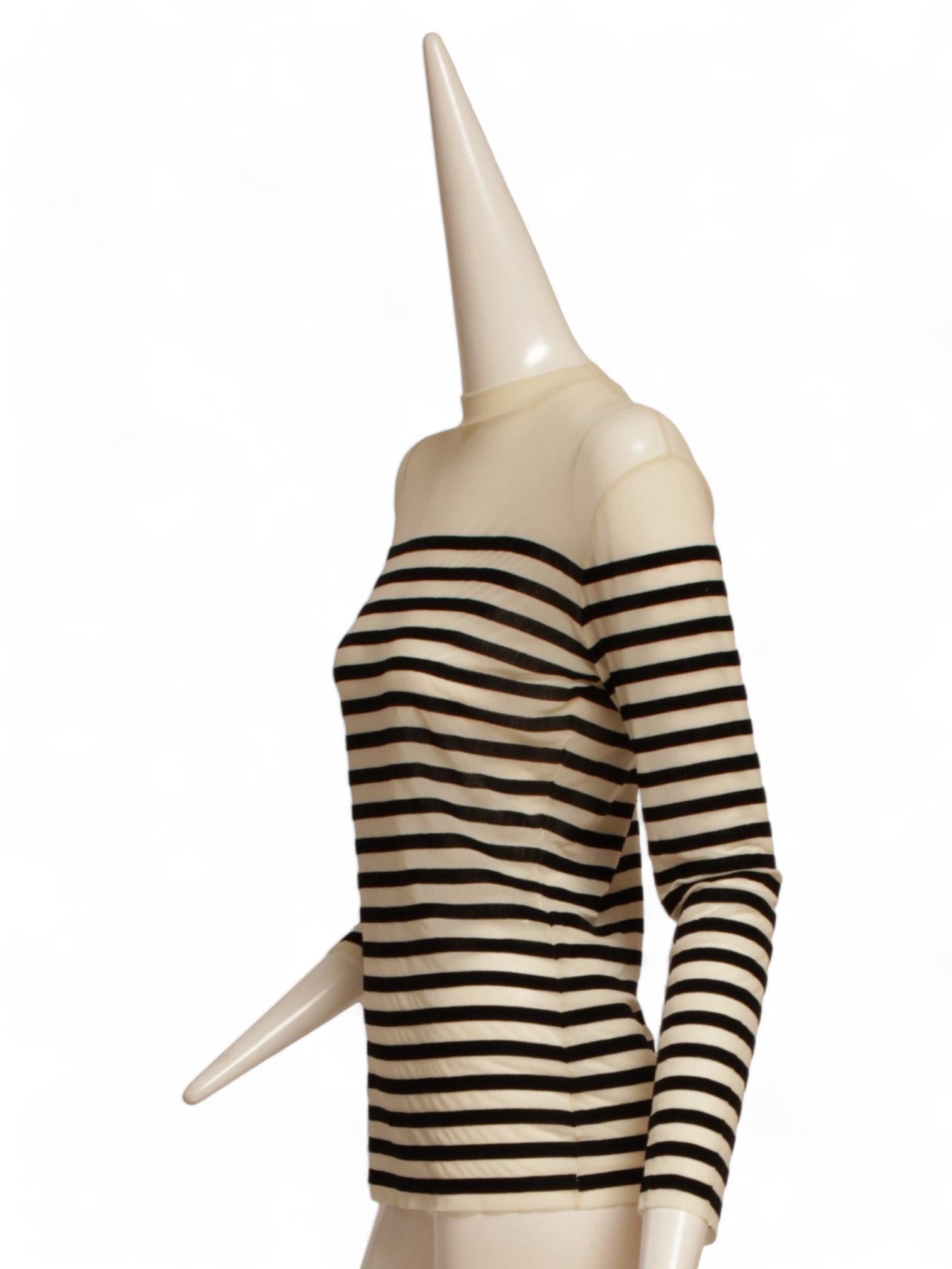 JEAN PAUL GAULTIER, black and white stripe, long-sleeve, crew neck, sheer top. The Iconic JPG sheer mesh nylon is accented with black velvet stripes.
