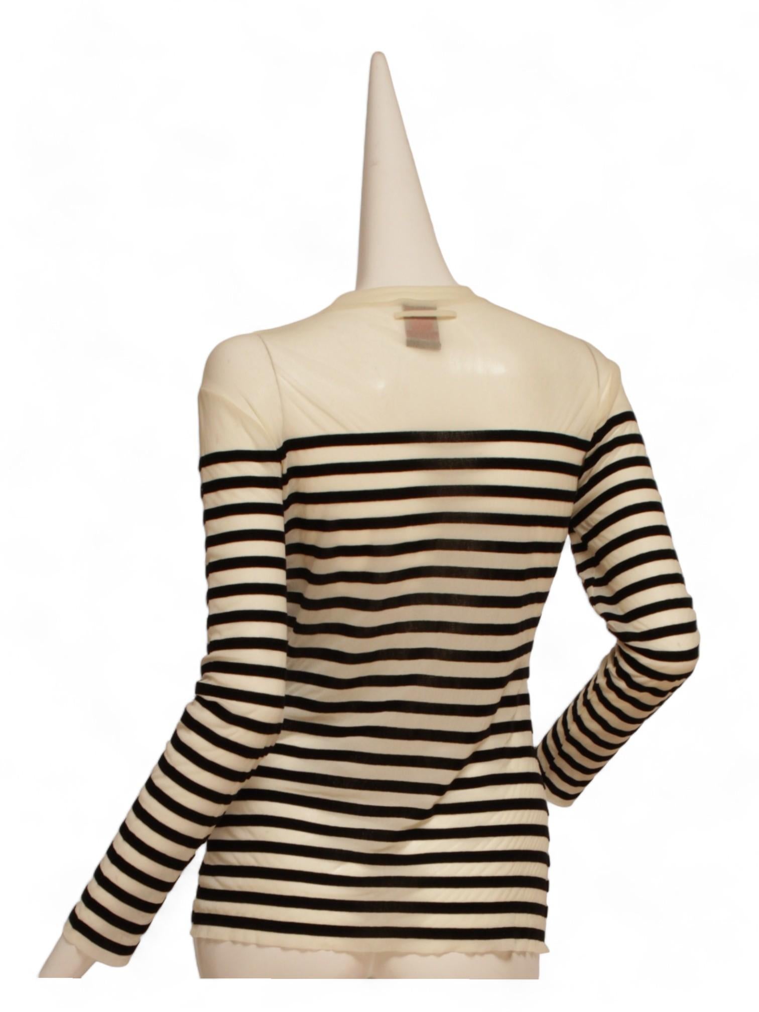 Beige JEAN PAUL GAULTIER, black and white stripe, long-sleeve, crew neck, sheer top For Sale