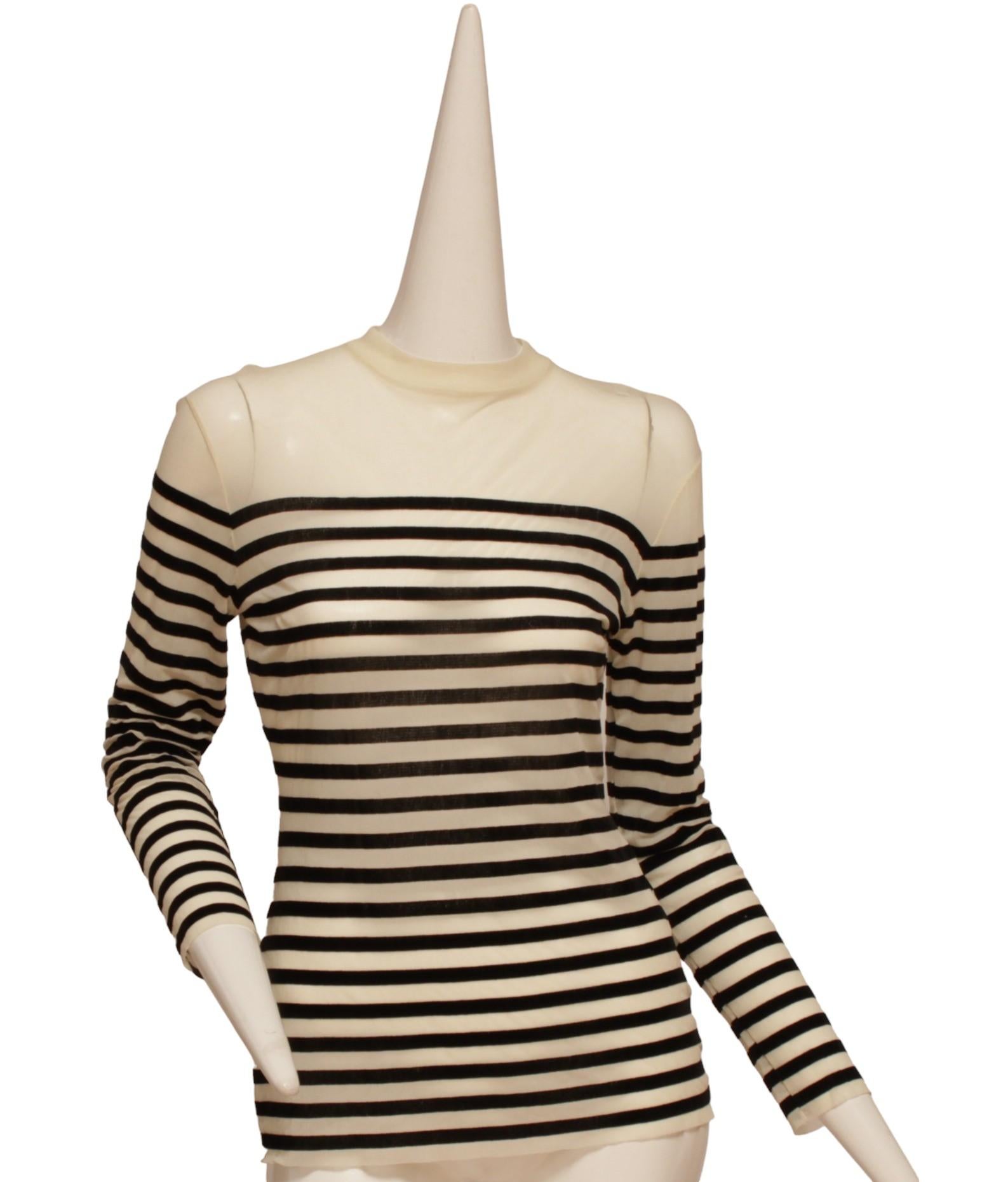 Women's JEAN PAUL GAULTIER, black and white stripe, long-sleeve, crew neck, sheer top For Sale