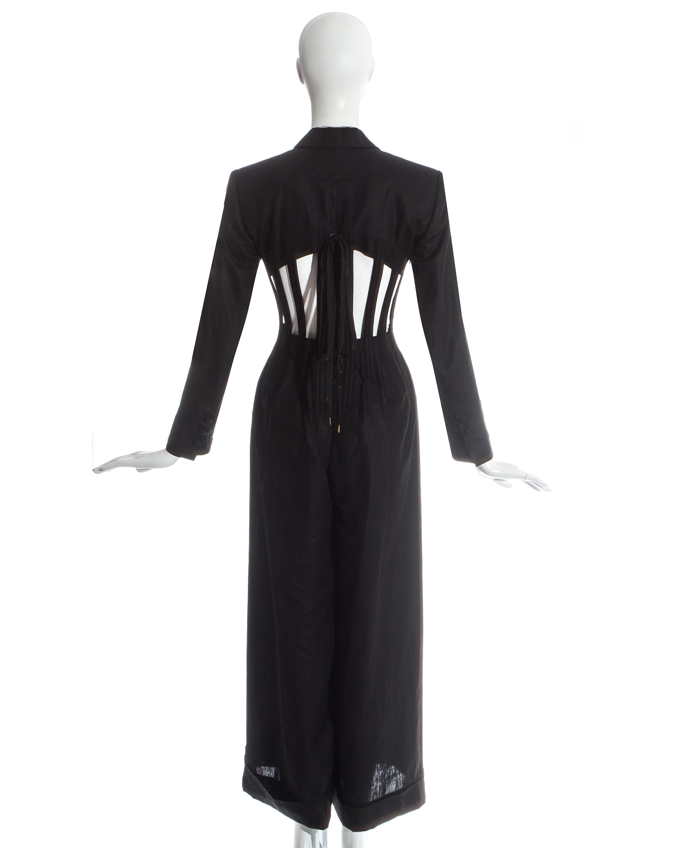 Women's Jean Paul Gaultier black caged corseted wide leg tuxedo jumpsuit, ss 1989