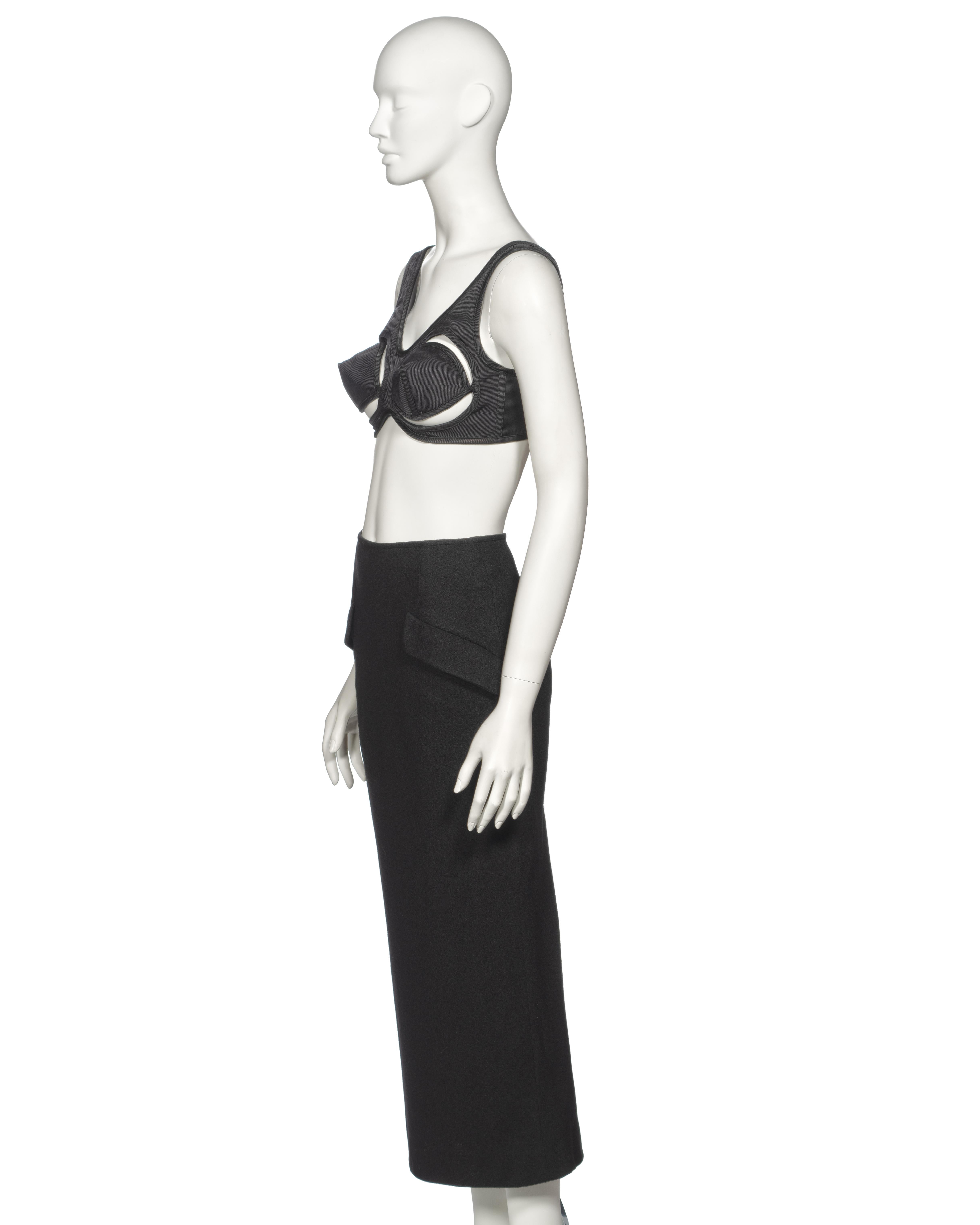 Jean Paul Gaultier Black Cut-Out Cone Bra and Midi Skirt Set, ss 1993 For Sale 13