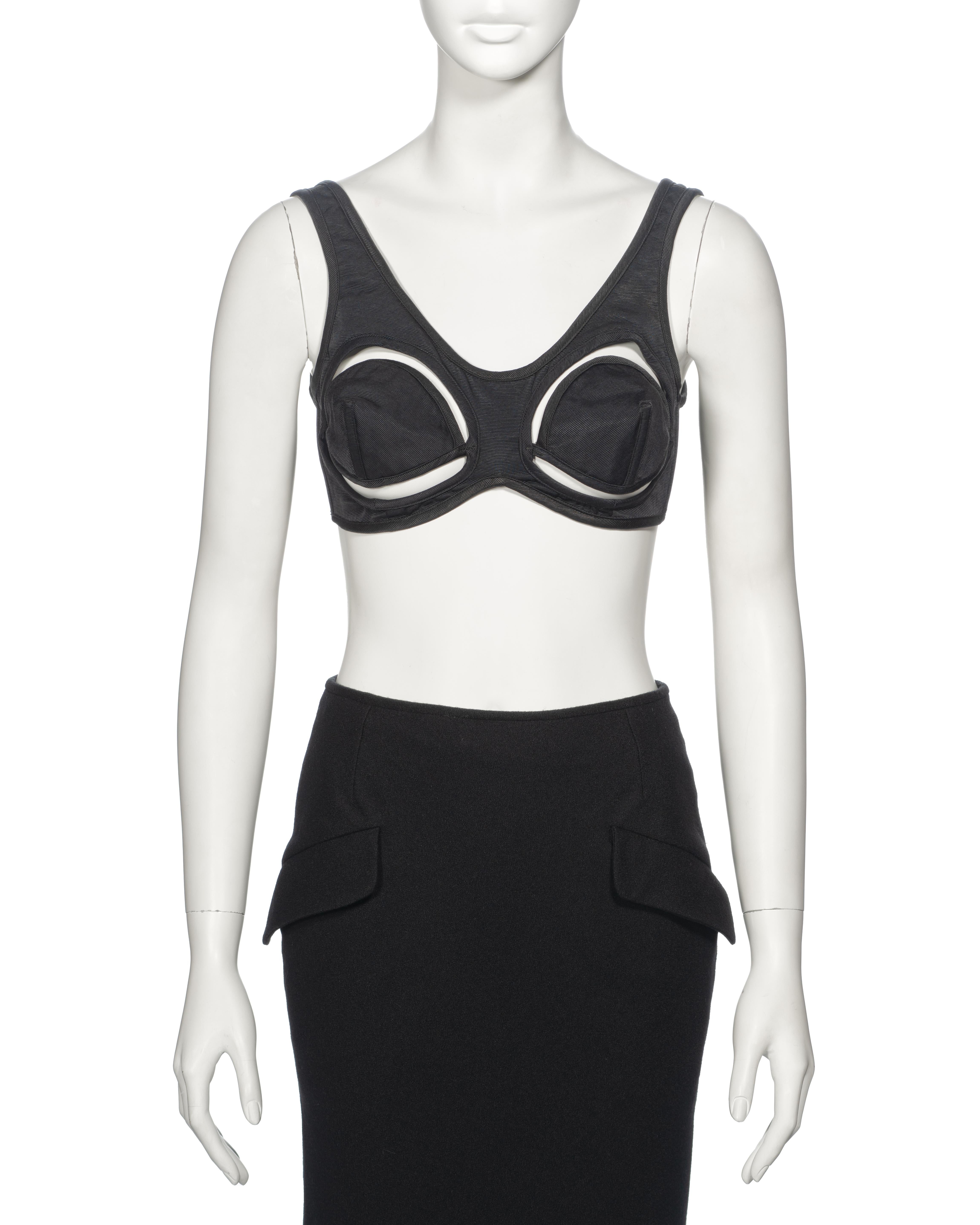 Jean Paul Gaultier Black Cut-Out Cone Bra and Midi Skirt Set, ss 1993 In Excellent Condition For Sale In London, GB