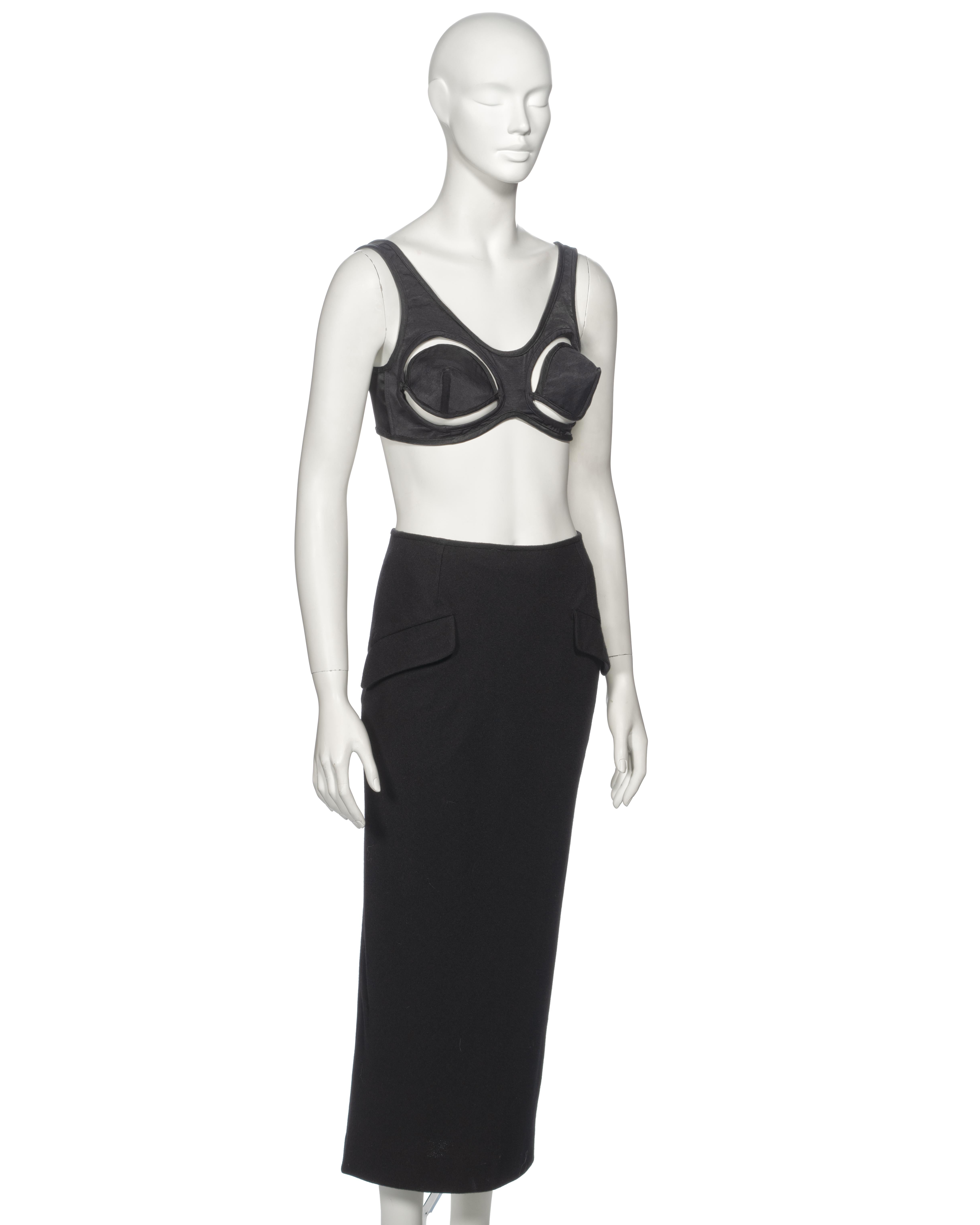 Women's Jean Paul Gaultier Black Cut-Out Cone Bra and Midi Skirt Set, ss 1993 For Sale