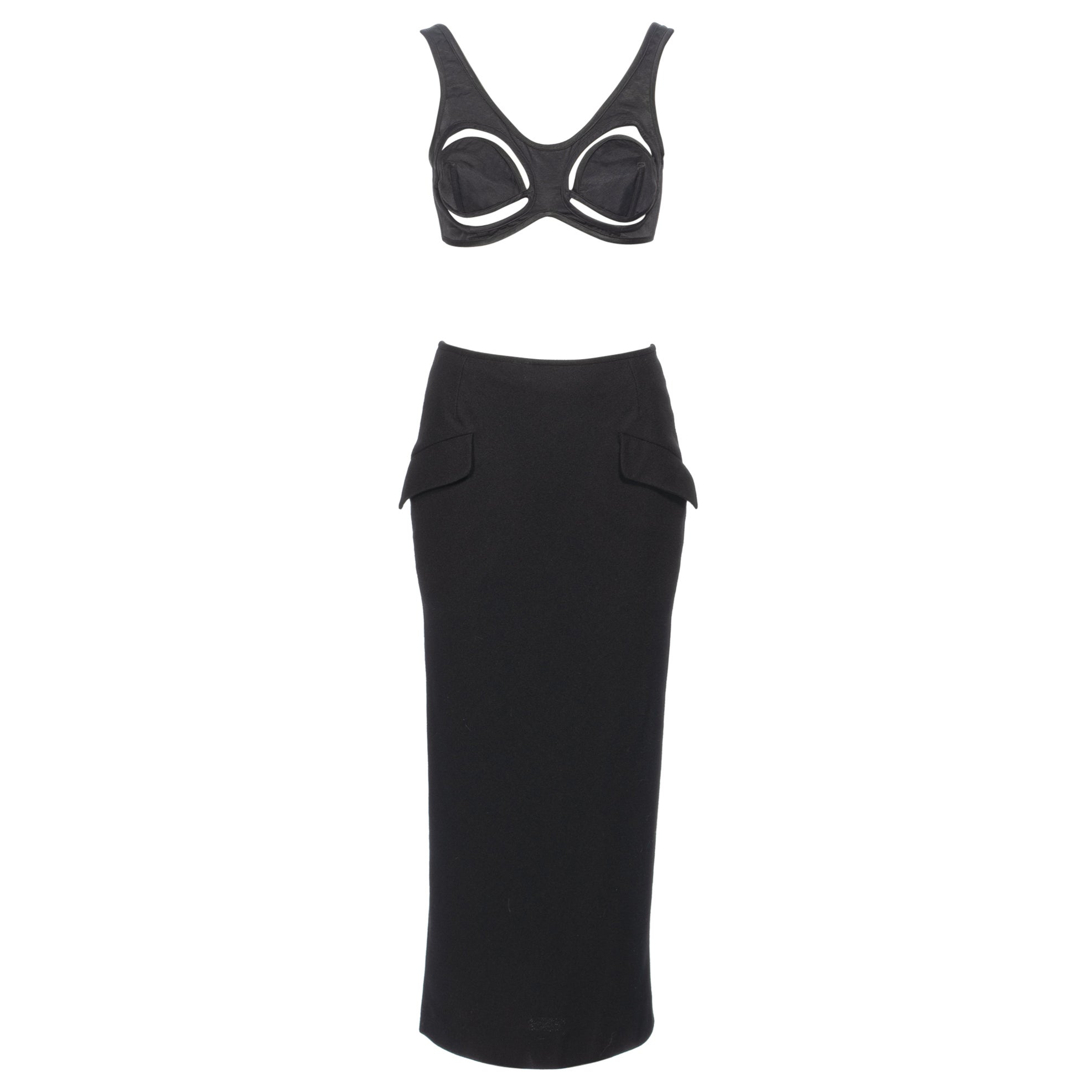 Jean Paul Gaultier Schwarzes Set aus ausgeschnittenem Kegel-BH und Midirock, ss 1993